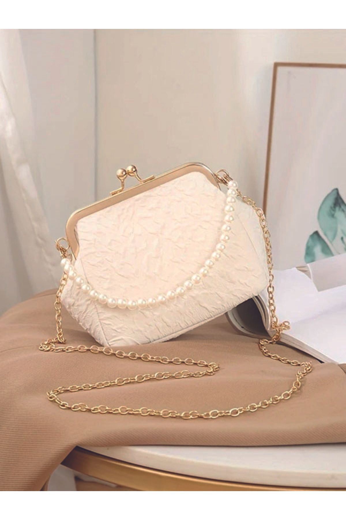 ÇANTA Tote Altın Ton Detay Omuz Çantası Elegant İnci & Zincir Askı El Çantası, Akşam Çantası Düğün Abiye