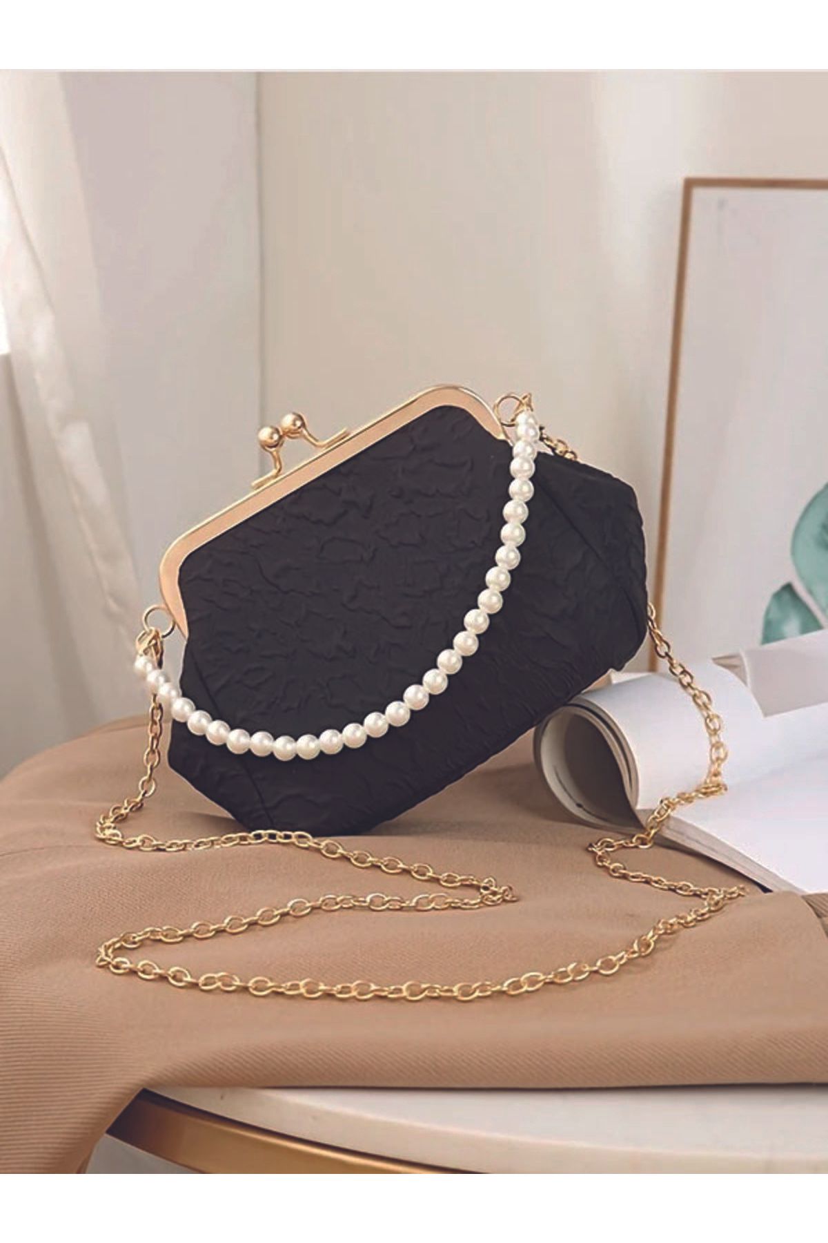 ÇANTA Tote Altın Ton Detay Omuz Çantası Elegant İnci & Zincir Askı El Çantası, Akşam Çantası Düğün Abiye