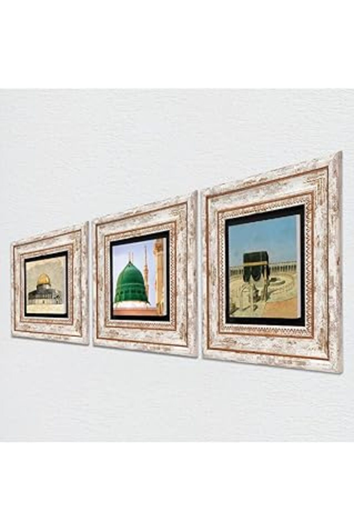 NETWORK ART Pinecone Kabe-I Muazzama, Mescid-I Aksa, Ravza-I Mutahhara Taş Duvar Tablosu - Çerçeveli Taş Tablo