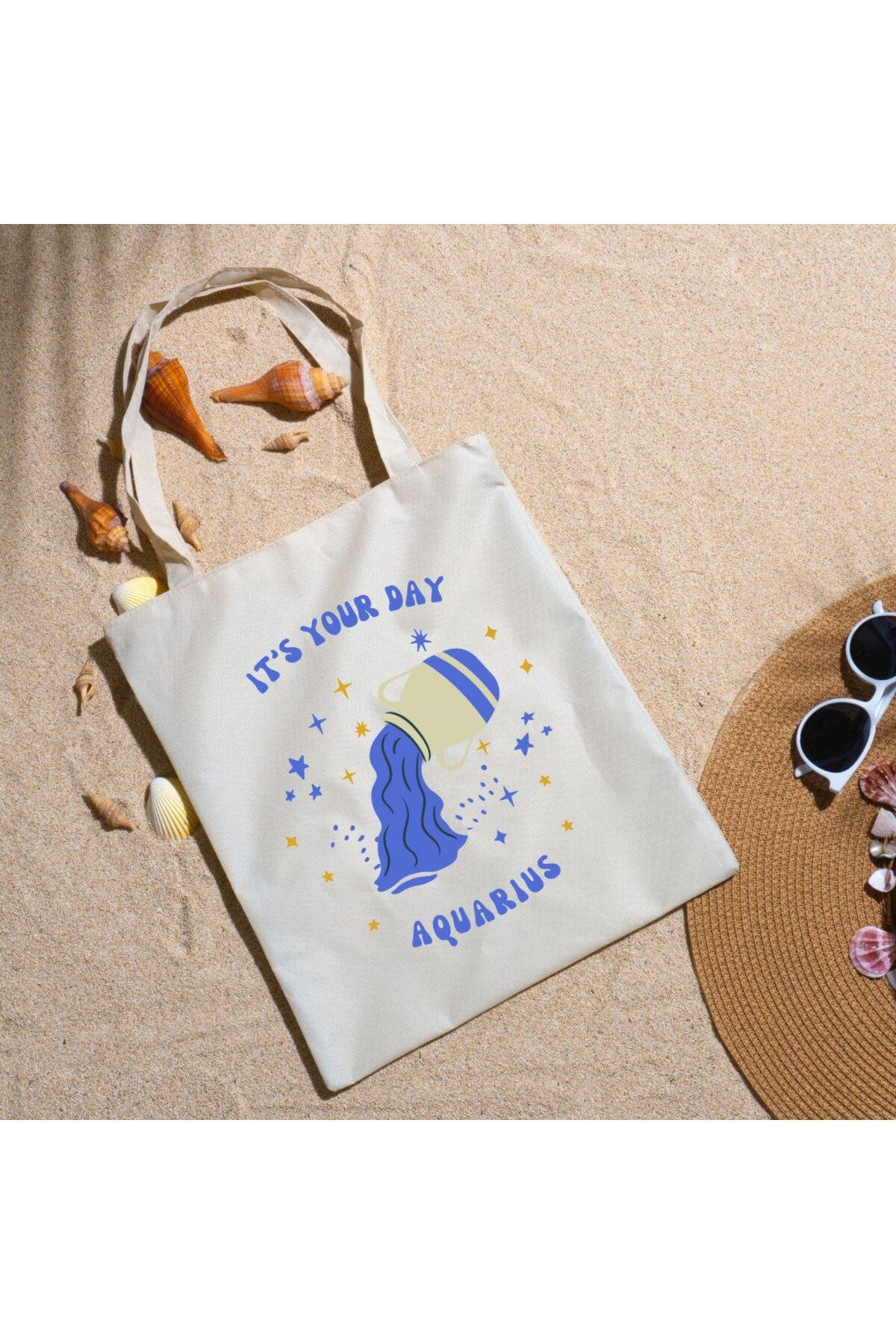 Alaa Butik Online It’s Your Day Aquarius Yazılı Kova Burcu Tasarımlı Astroloji Temalı Bez Çanta 35x40 cm