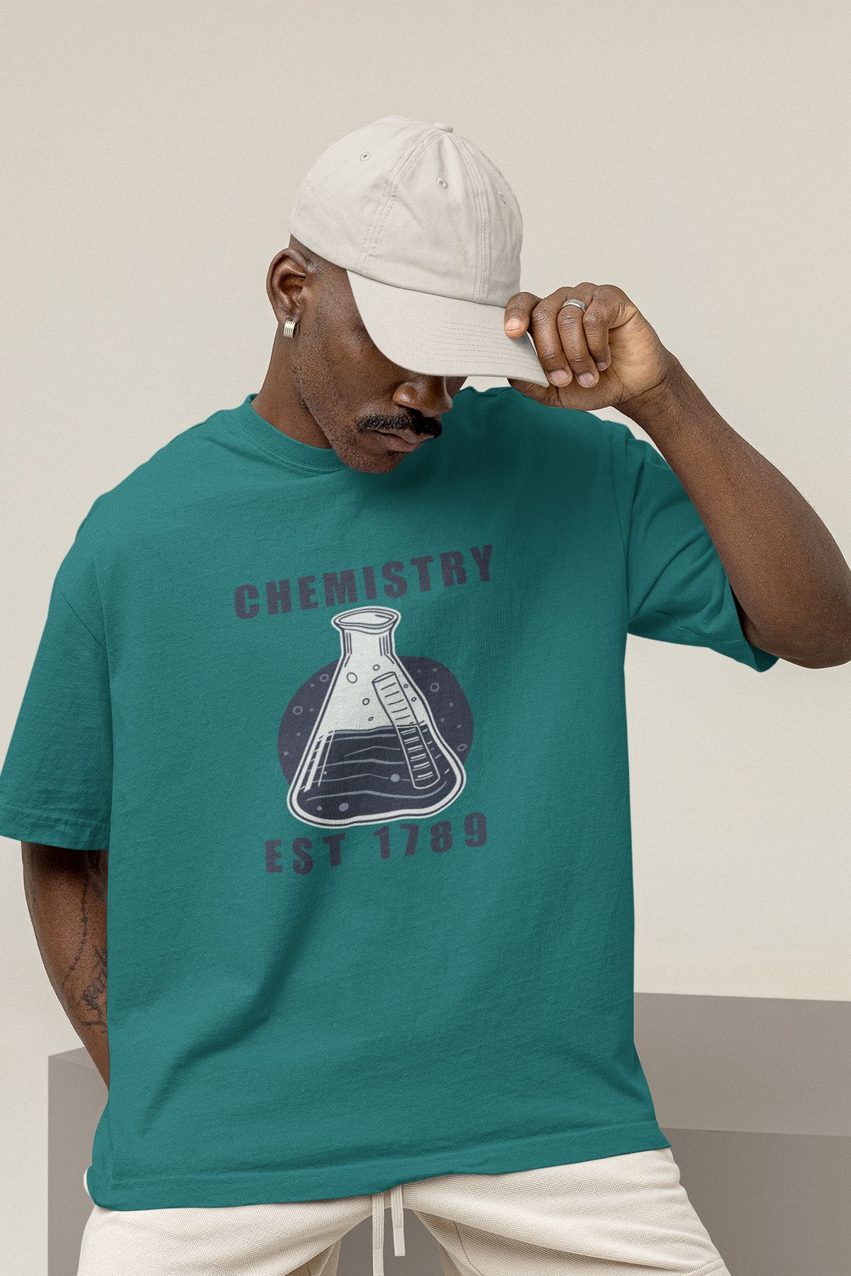 Uniquetex NUBENSE/KİMNE05- Oversize Unisex Kimya Baskılı Turkuaz Yeşil Bisiklet Yaka T-shirt (Bilim Tişört)