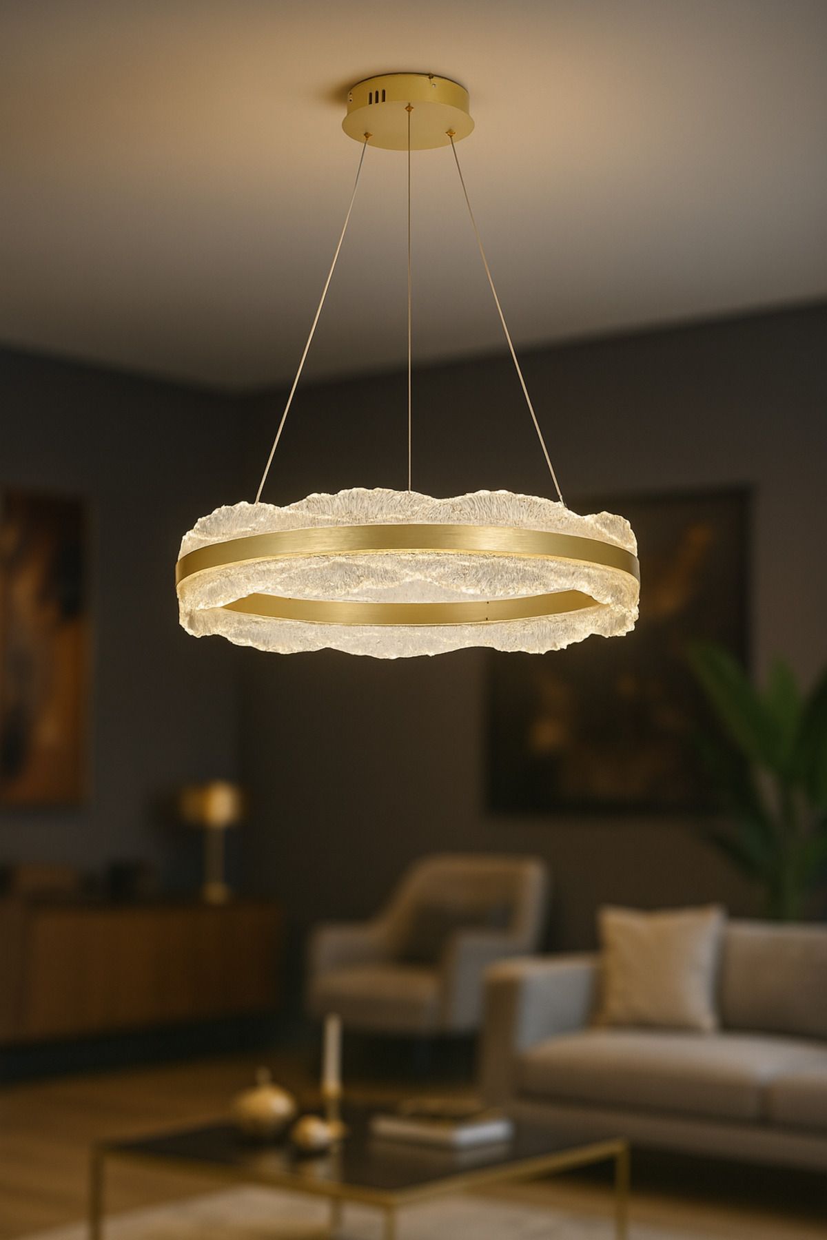 Avizemoda Toledo 60 cm Dim Kumandalı 3 Renk Ledli (Sarı-Beyaz-Gün Işığı) Modern Akrilik Avize -Sarı Yaldız