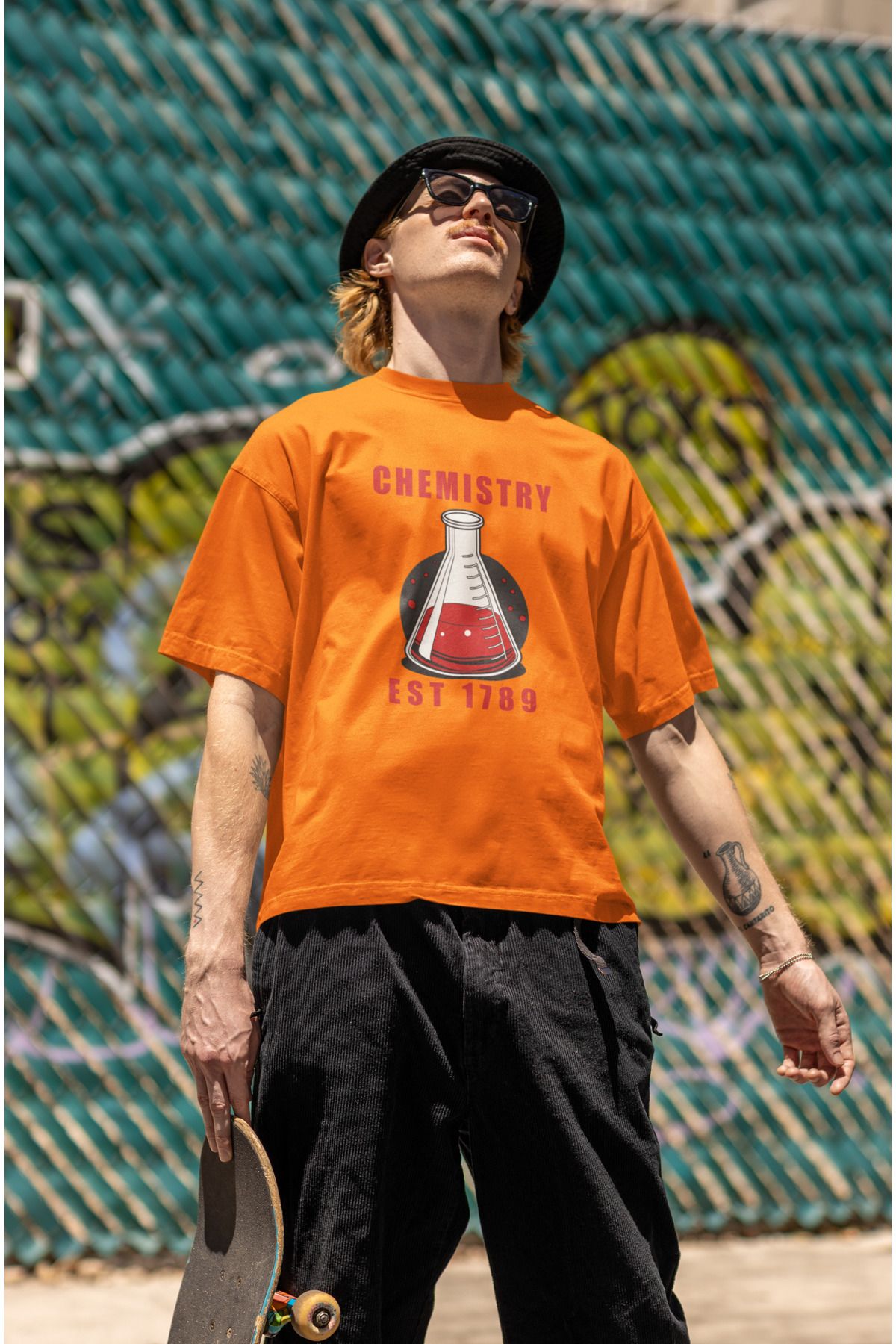 Uniquetex NUBENSE / KİMNE-25 - Oversize Unisex Kimya Baskılı Turuncu Bisiklet Yaka T-shirt (Bilim Tişört)