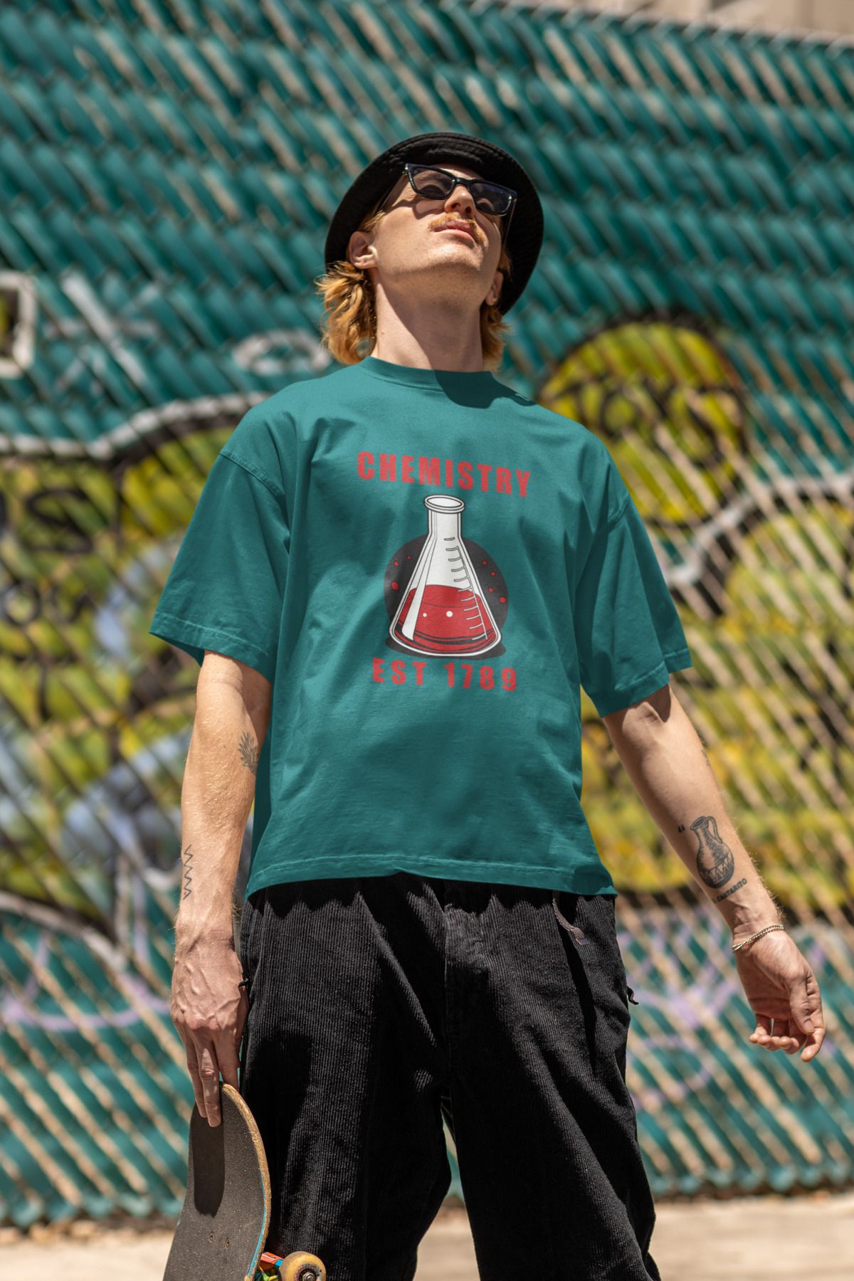 Uniquetex NUBENSE/KİMNE27- Oversize Unisex Kimya Baskılı Turkuaz Yeşil Bisiklet Yaka T-shirt (Bilim Tişört)