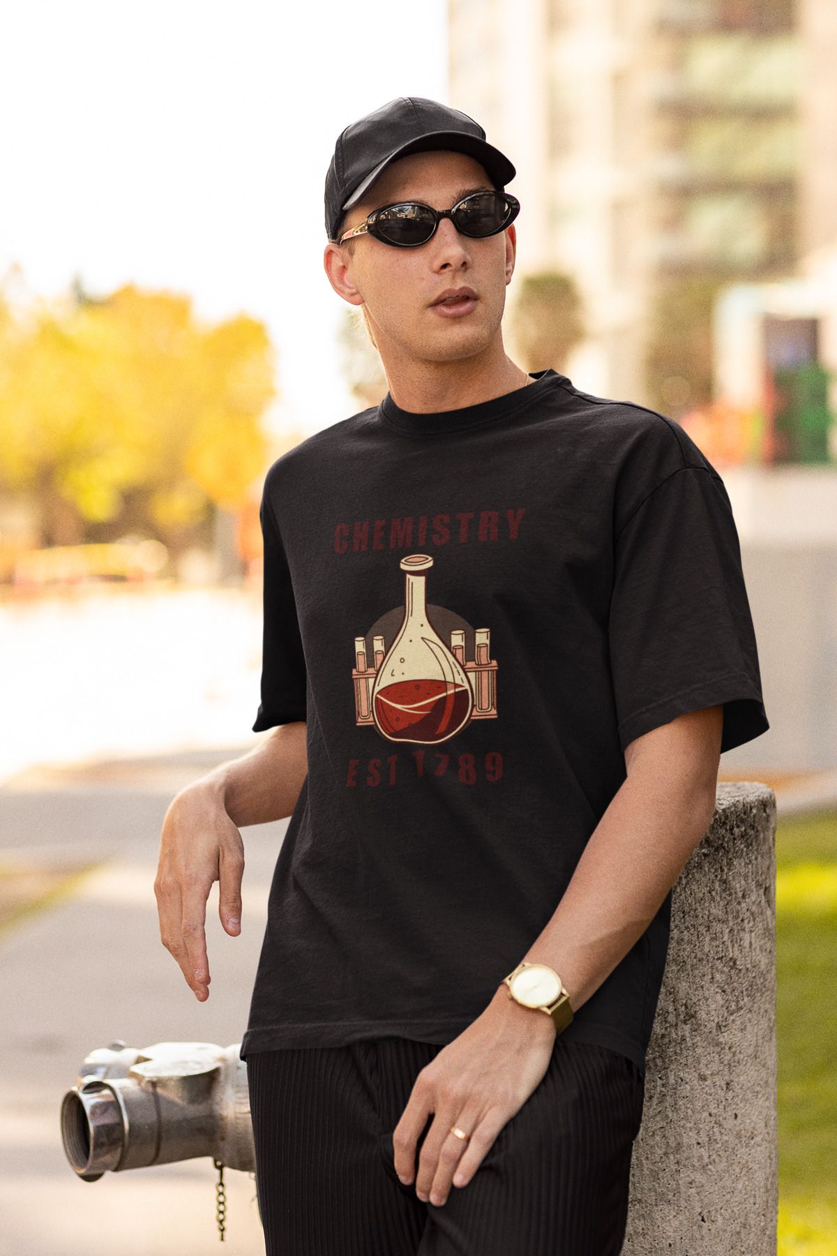 Uniquetex NUBENSE / KİMNE-18 - Oversize Unisex Kimya Baskılı Siyah Bisiklet Yaka T-shirt (Bilim Tişört)