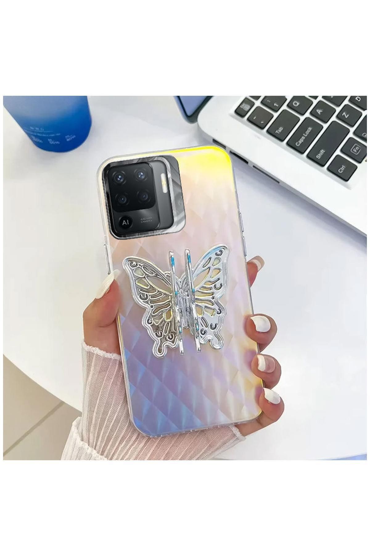 Pro Aksesuar Oppo A94 Uyumlu Kılıf Stand Özellikli Kelebekli Silikon Kılıf Desen 2