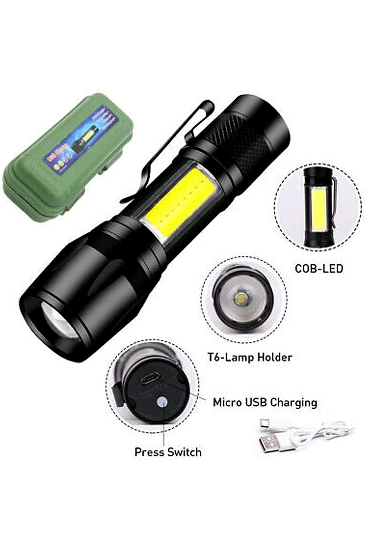 Other-LED Rechargeable Flashlight With COB Side Light-USB Chargeable Torch-(Black 9cm) 3
