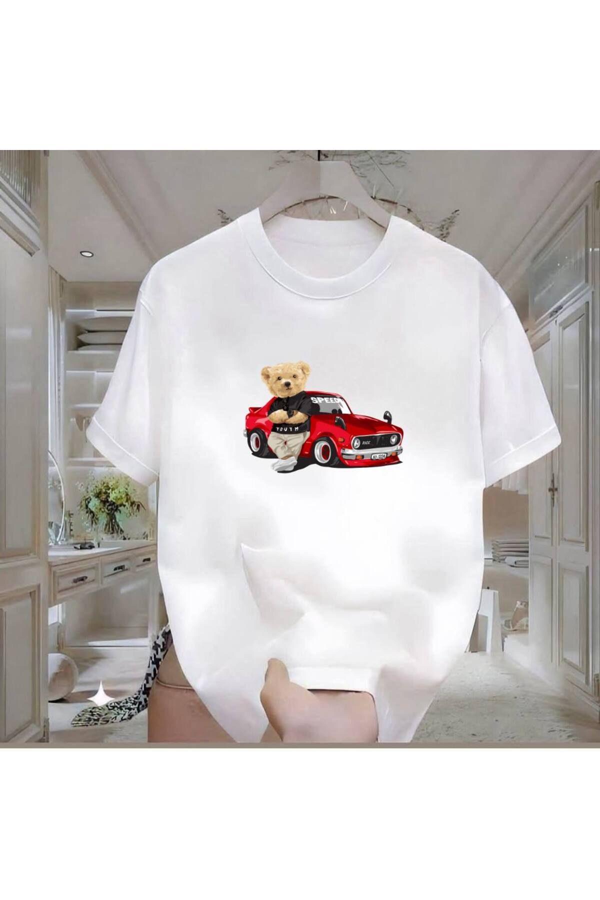 Rovell Arabalı Ayı Baskılı Beyaz Regular Erkek Tshirt