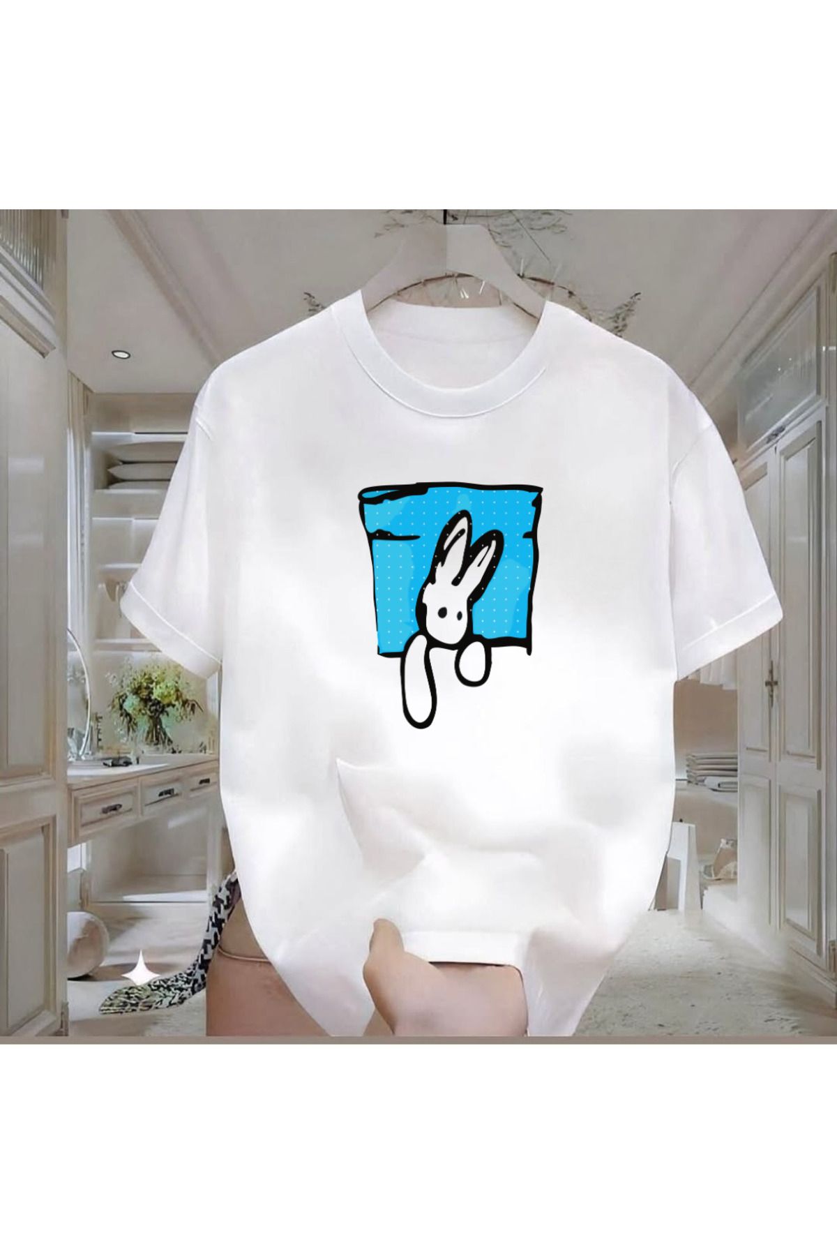 Rovell Tavşan Baskılı Beyaz Regular Erkek Tshirt