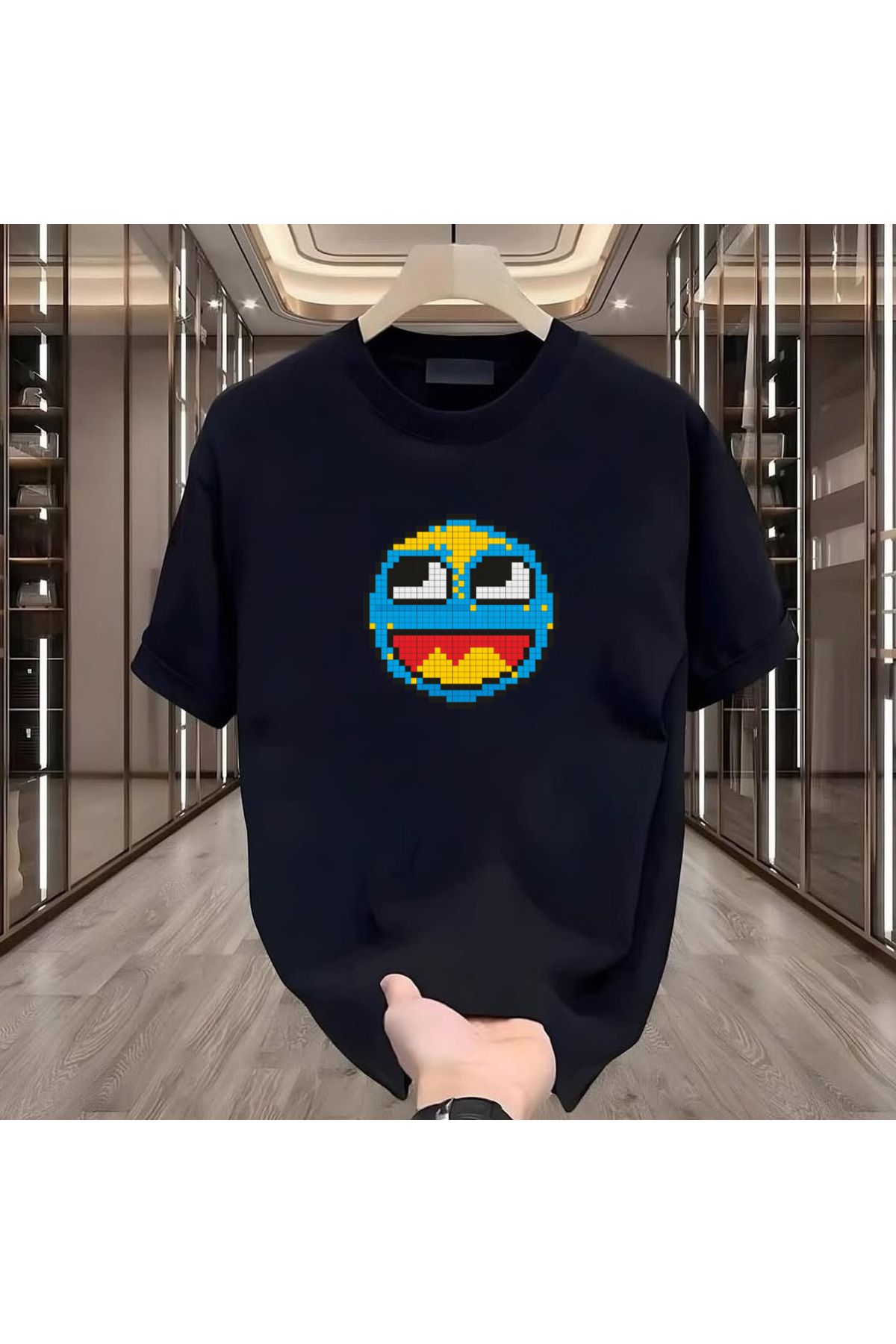 Rovell Pixel Smile Baskılı Siyah Regular Erkek Tshirt