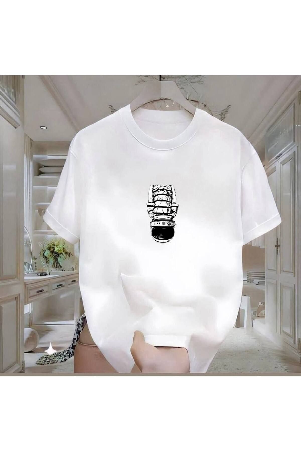 Rovell Ters Astronot Baskılı Beyaz Regular Erkek Tshirt