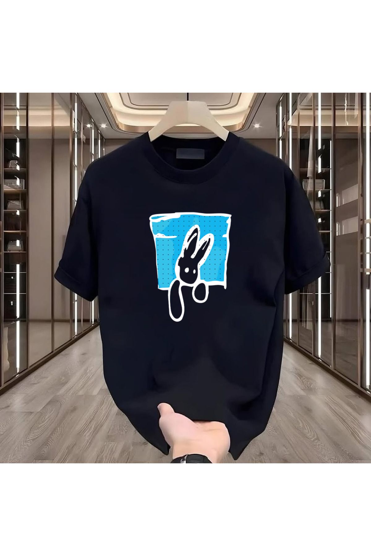 Rovell Tavşan Baskılı Siyah Regular Erkek Tshirt