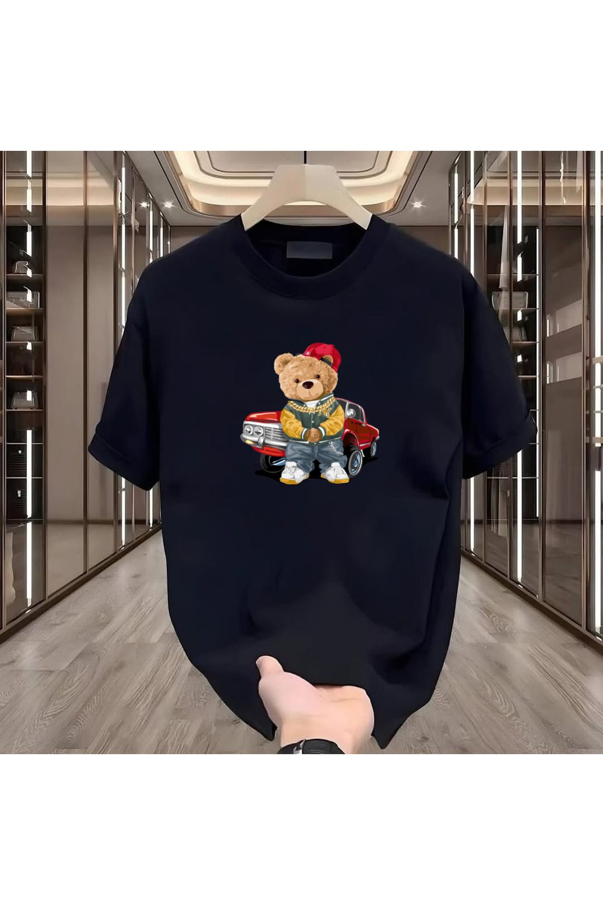 Rovell Kırmızı Arabalı Ayı Baskılı Siyah Regular Erkek Tshirt