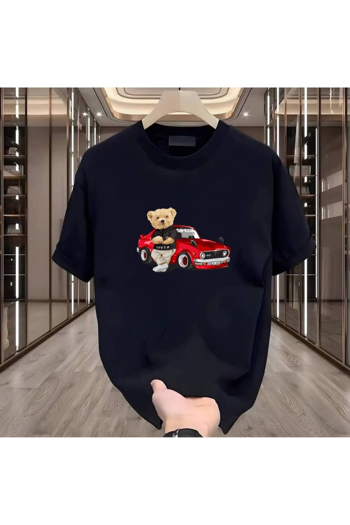 Rovell Arabalı Ayı Baskılı Siyah Regular Erkek Tshirt