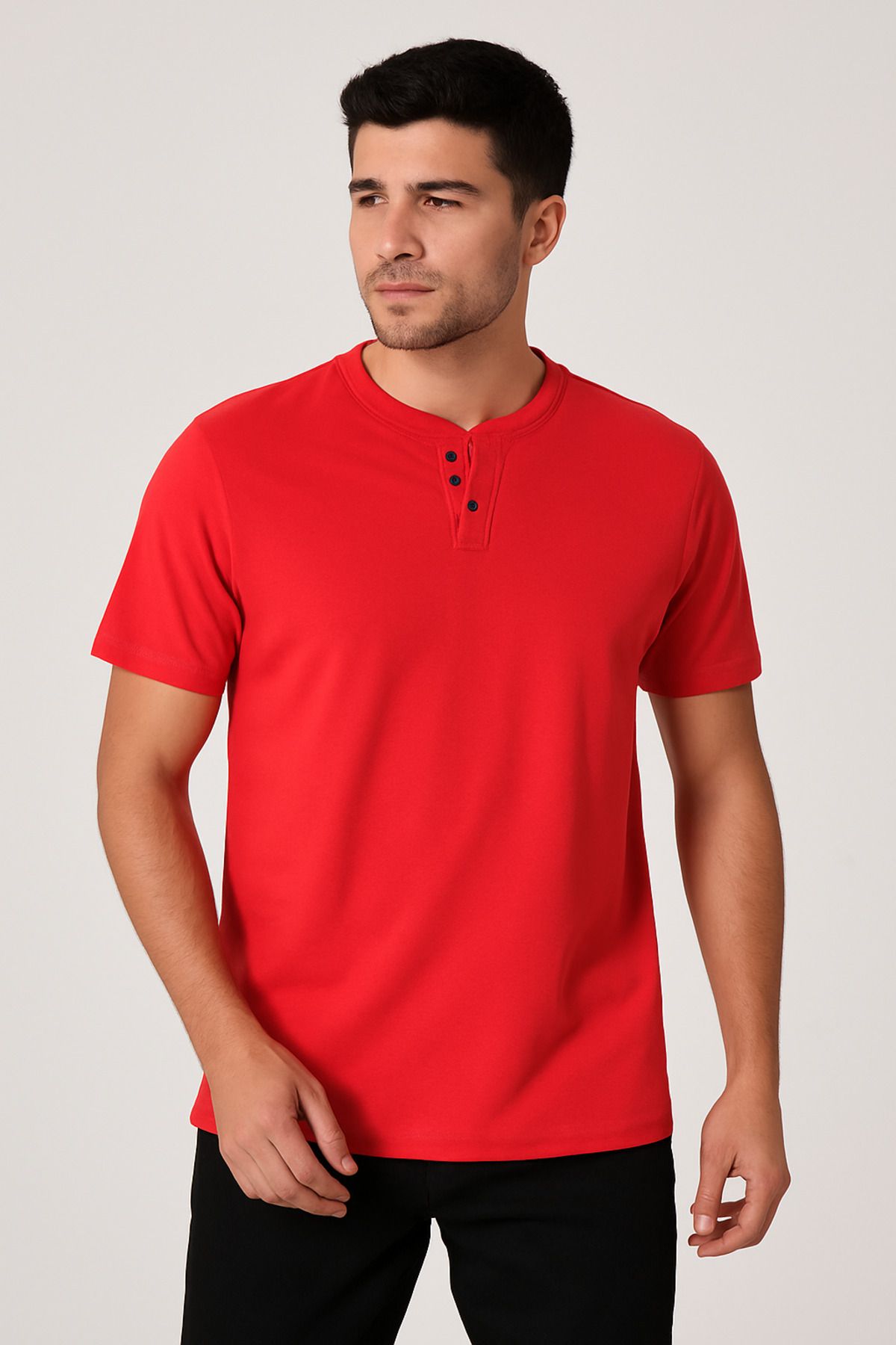 LACİVERTMEN 2124 Henley Tişört Kahverengi Düğme Detaylı Basic Casual T shirt