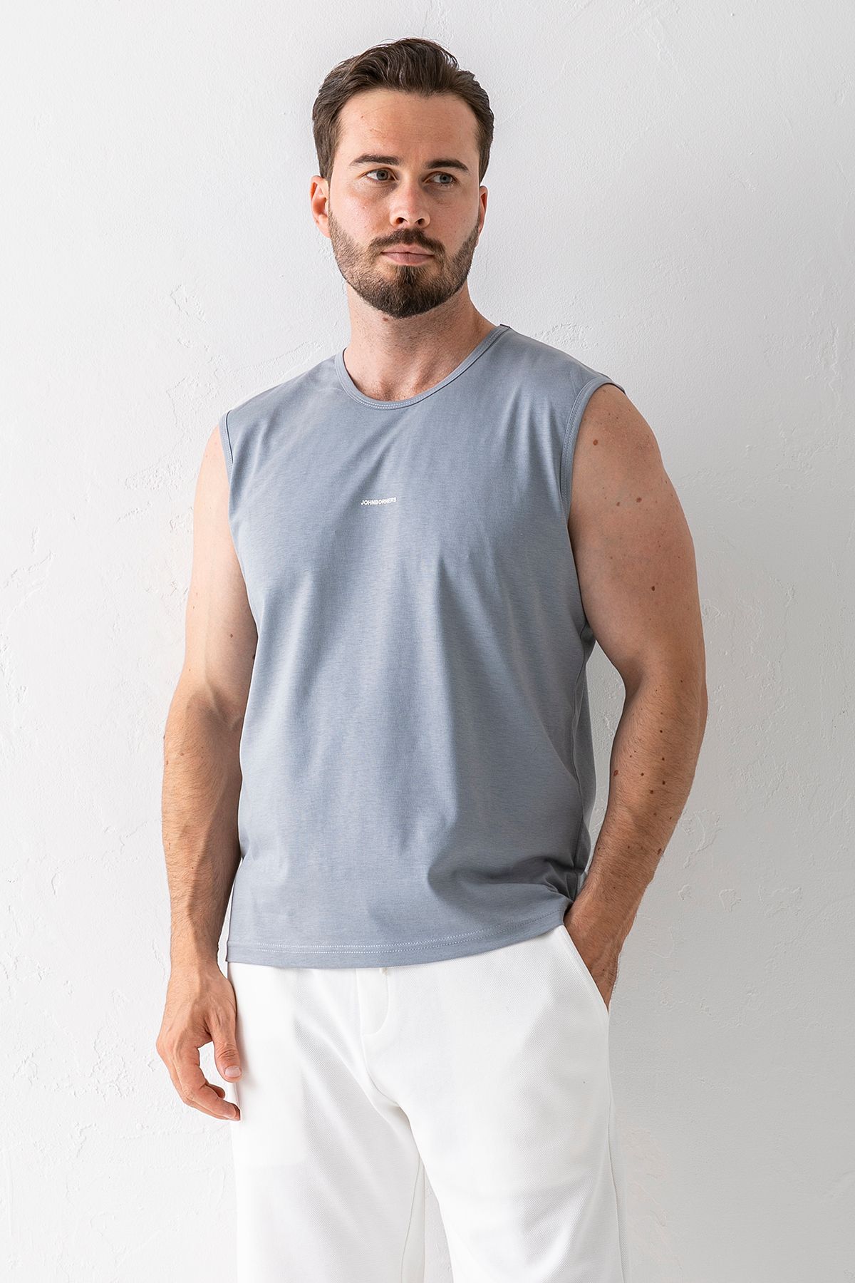 JB John Borners Erkek Bisiklet Yaka John Borners Baskılı Kolsuz T-Shirt Gri - 2752