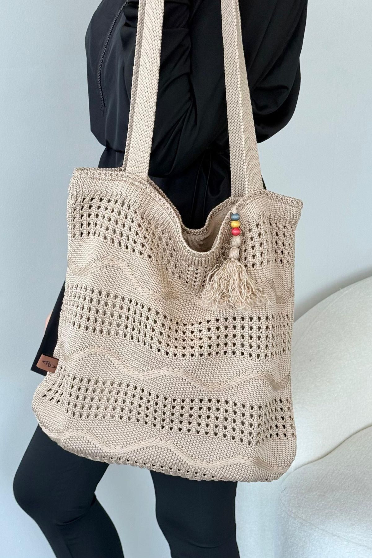HAZA MODA Dalgalı Hasır Çanta Vizon