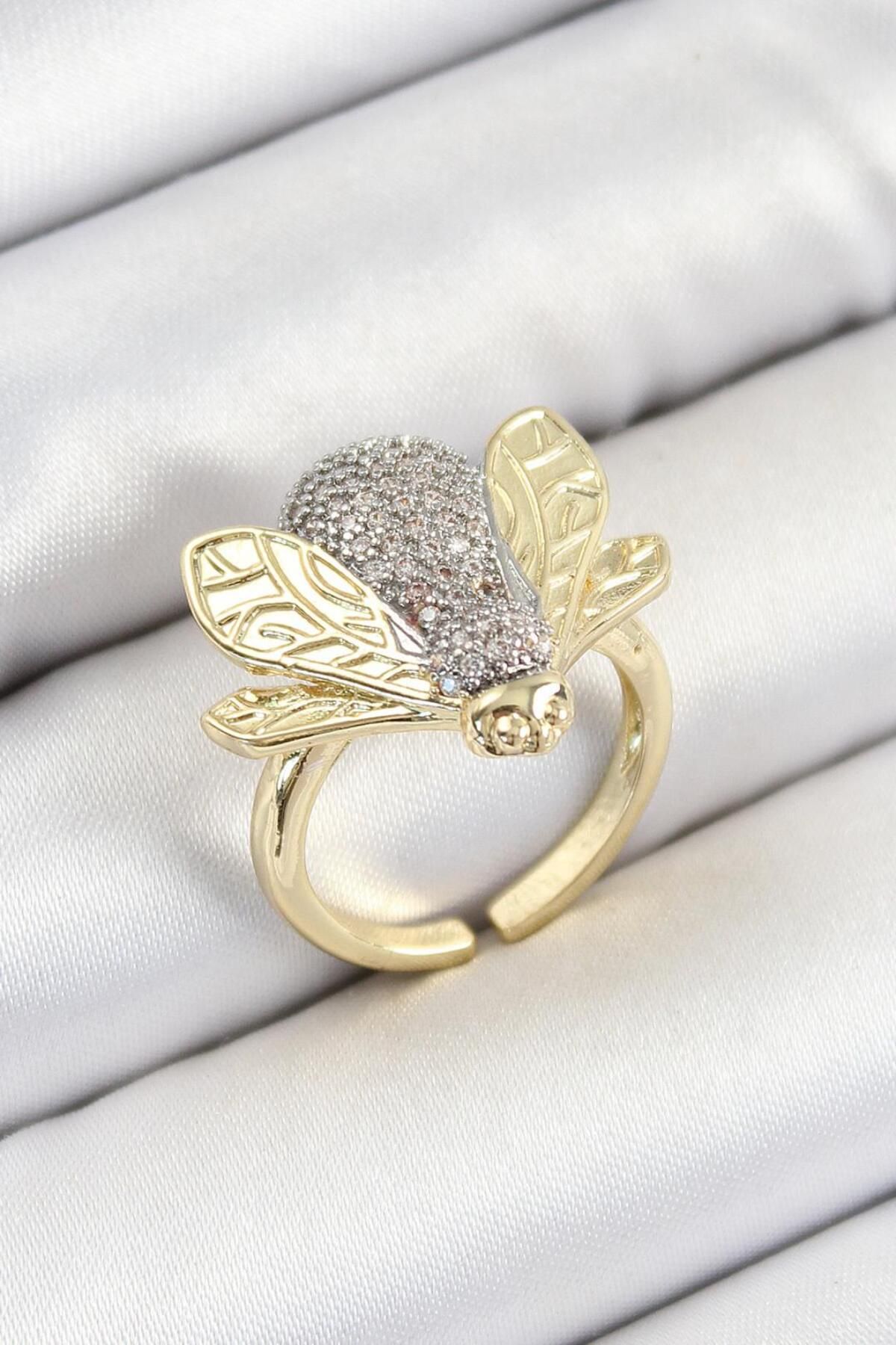 REBORN DESIGN Pirinç Zirkon Taşlı Arı Model Gold Renk Kadın Yüzük
