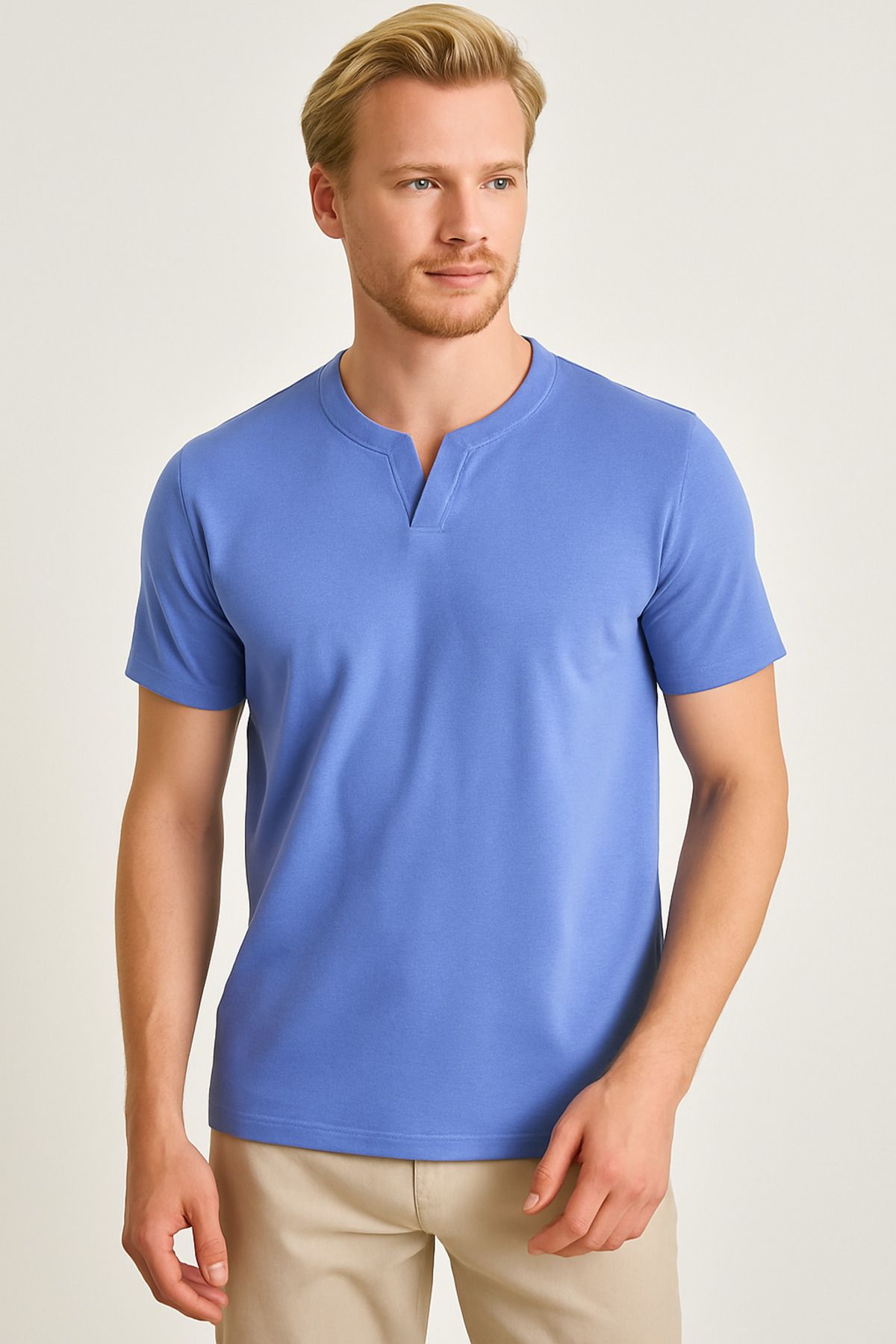 LACİVERTMEN 2124 Henley Tişört Kahverengi Düğme Detaylı Basic Casual T shirt