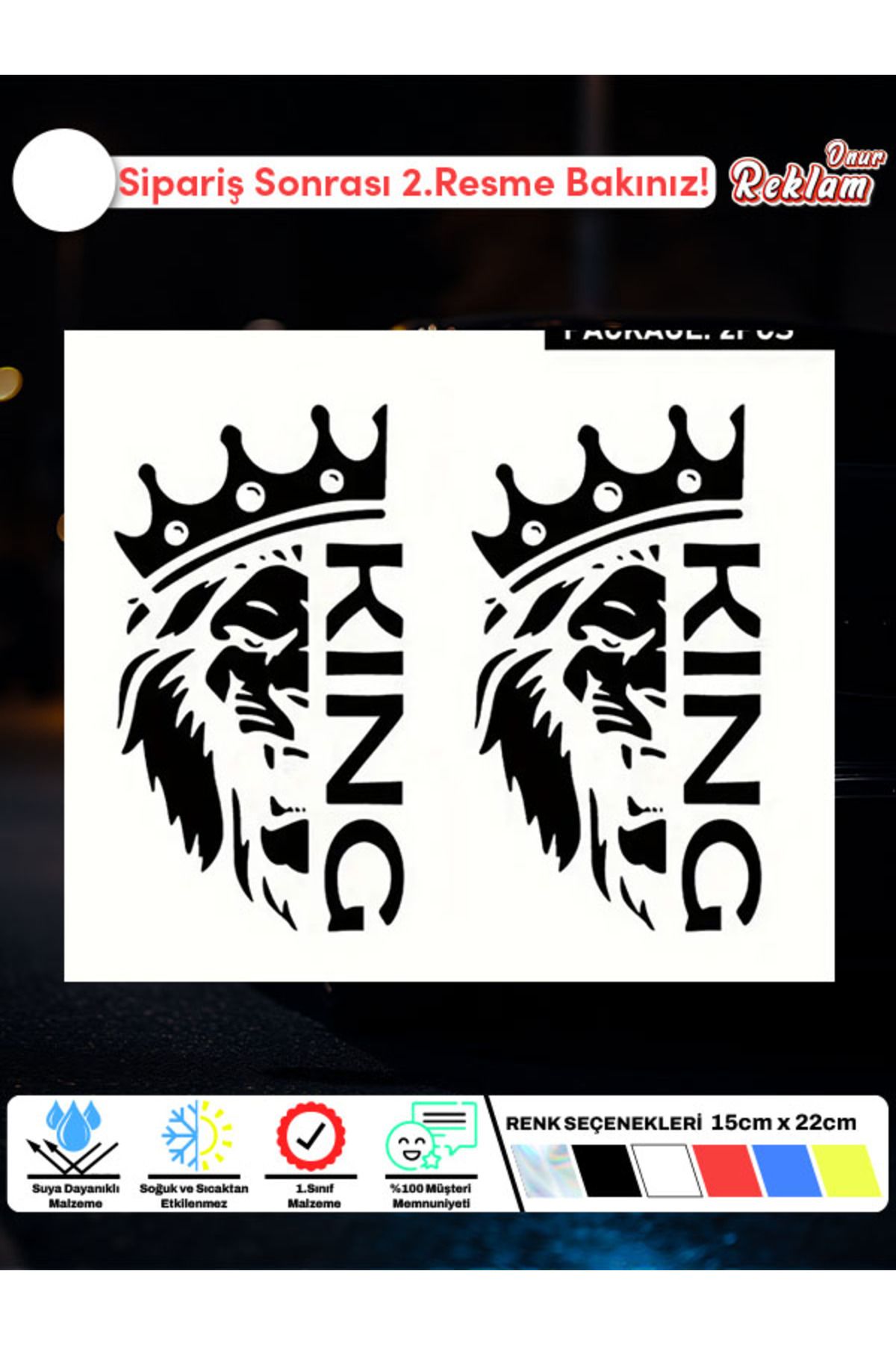 Onur Reklam KING Yazılı Taçlı Aslan Sticker Seti (2’li) – Suya Dayanıklı Araç ve Kask Çıkartması (15x22 cm)