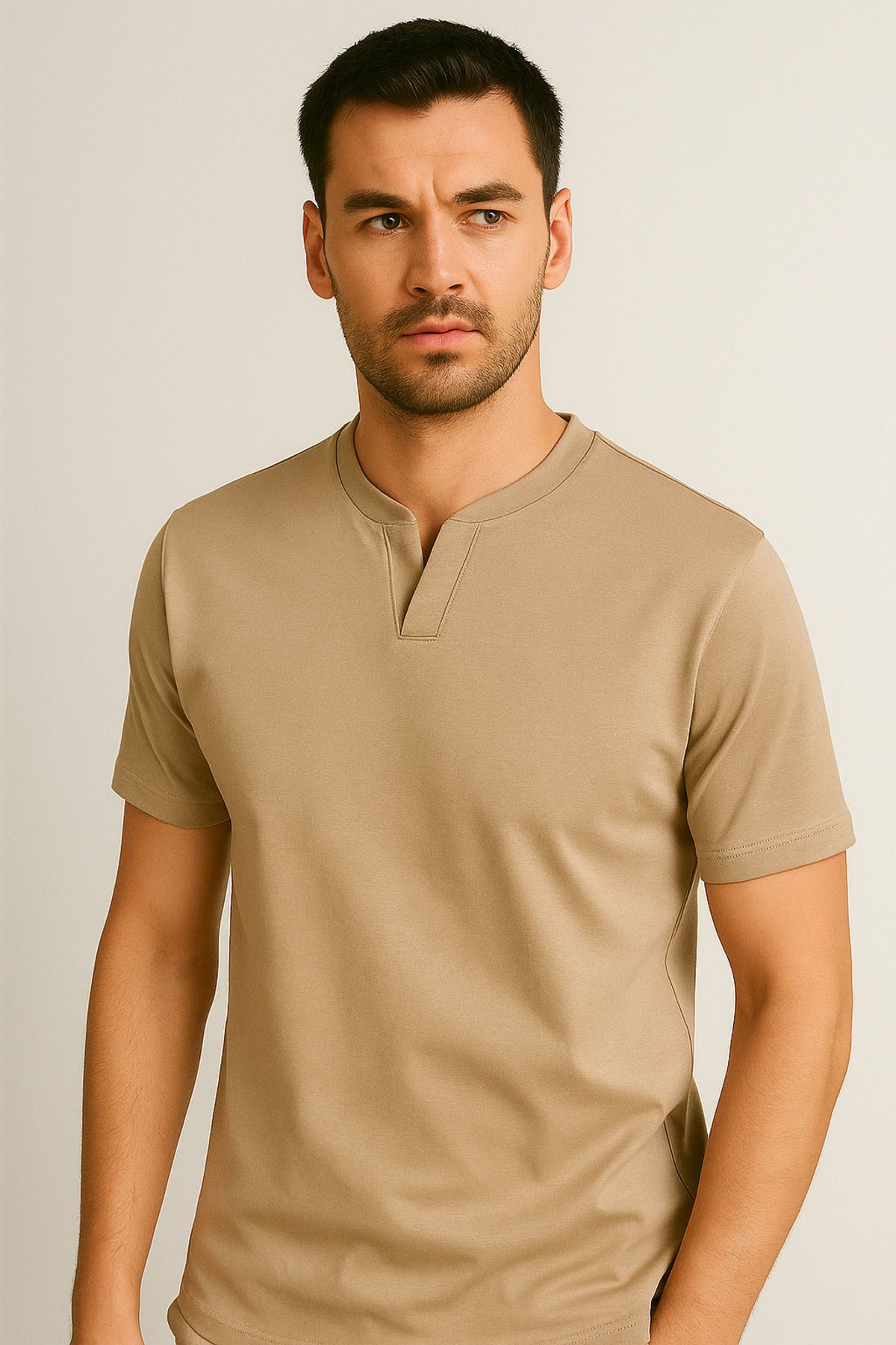 LACİVERTMEN 2124 Henley Tişört Kahverengi Düğme Detaylı Basic Casual T shirt