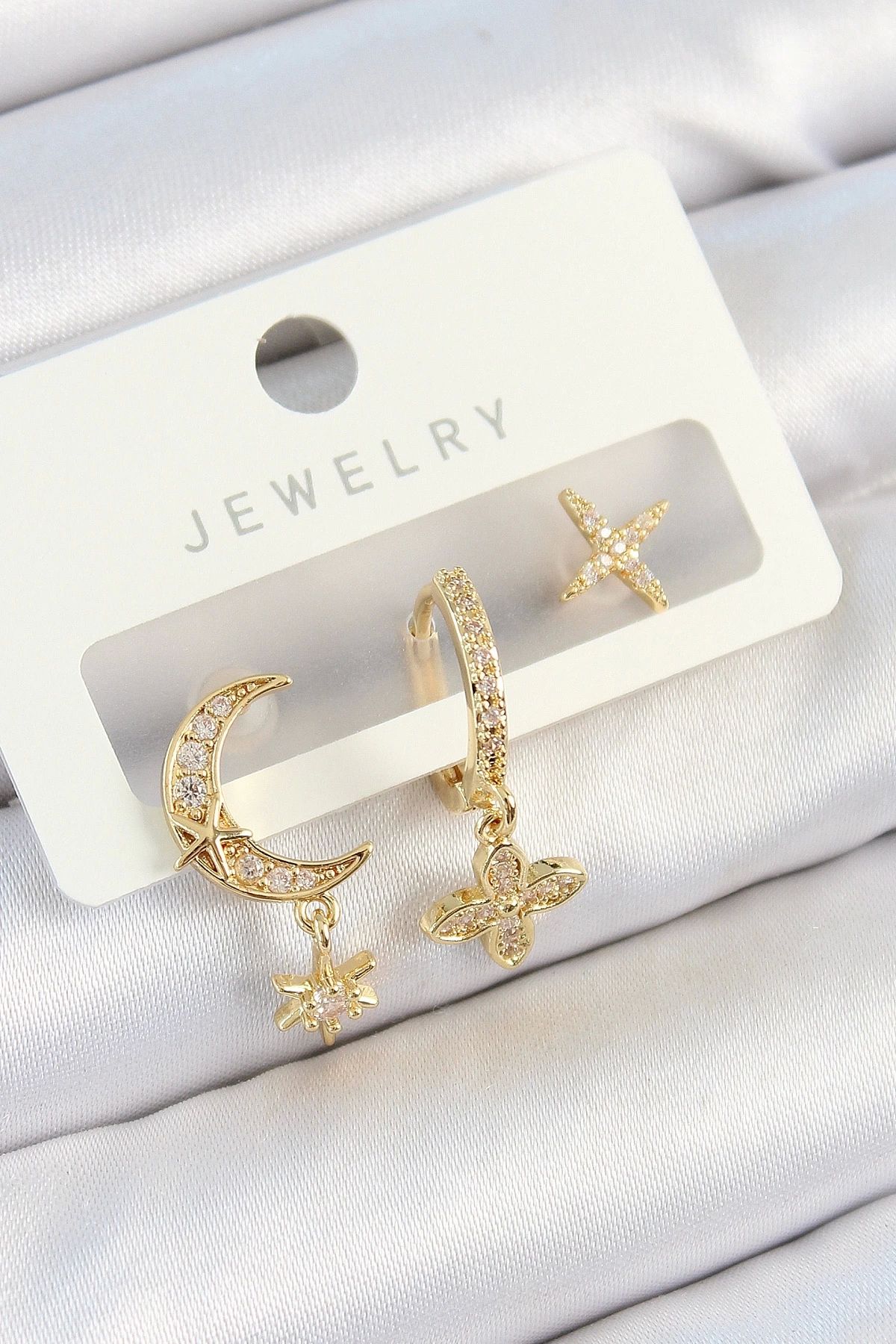 Clariss Pirinç Zirkon Taşlı Çiçek Ve Ay Model Gold Renk 3'lü Çift Kadın Küpe Set