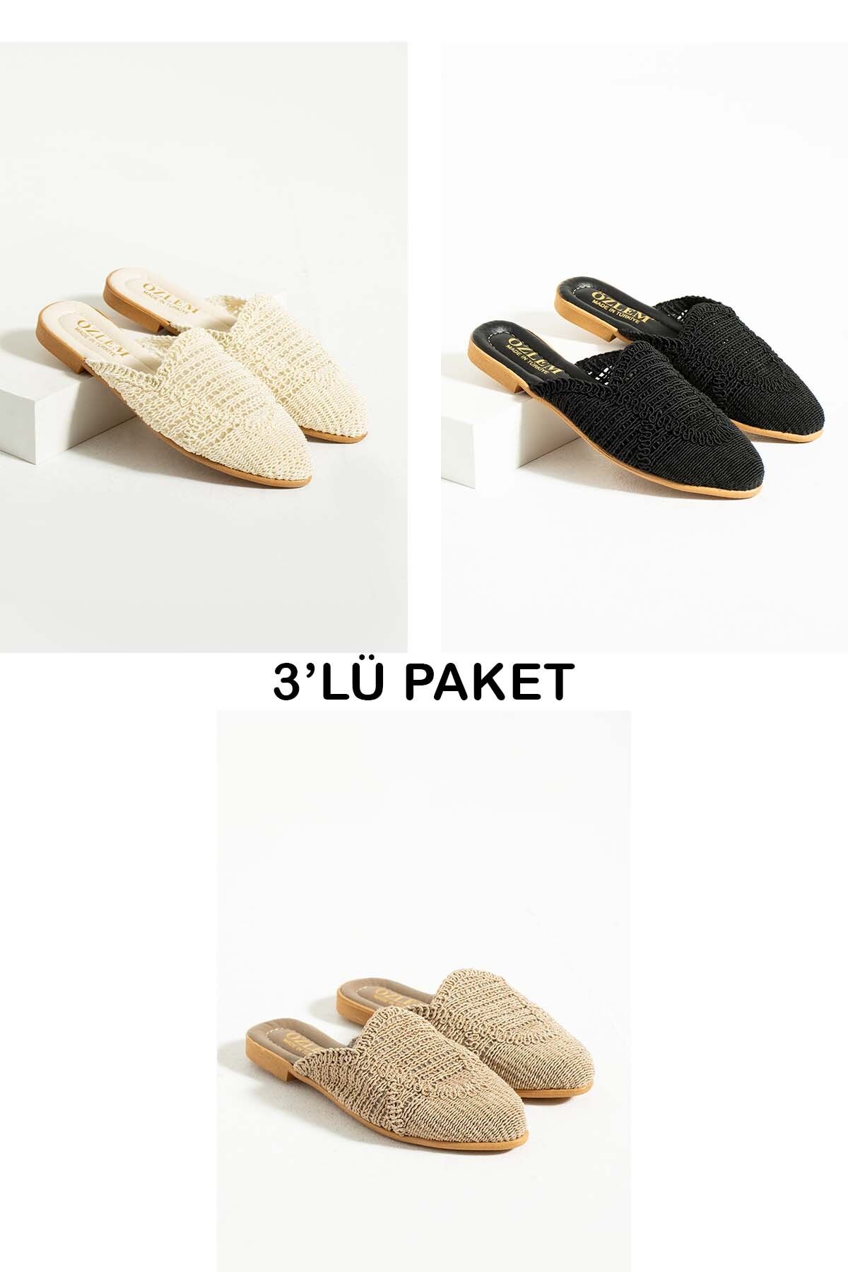 ICELAKE Venis Kadın Günlük Konforlu Örme Işlemeli Terlik Hasır Tatil Çeyiz 3'lü Set