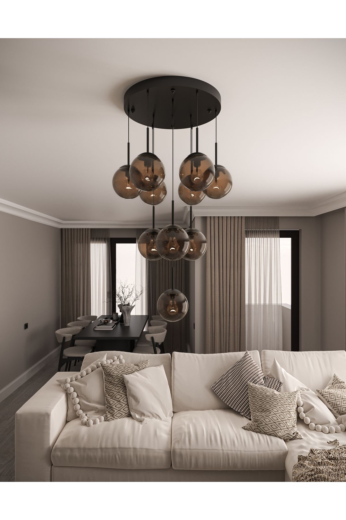 avizade ECLIPSE Modern 10'lu Sarkıt Metal Avize - Renkli Cam Küre, E27 Duy, Dekoratif Aydınlatma