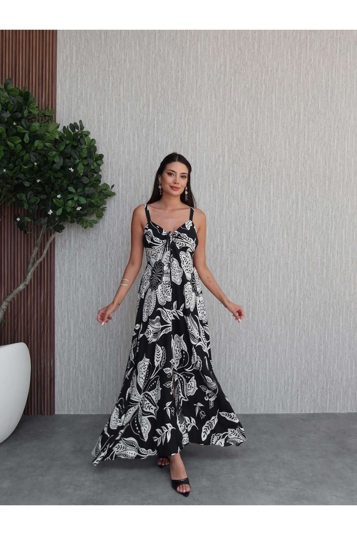 ESRAHELVACI Otantik Desen Ön Bağlamalı Elbise