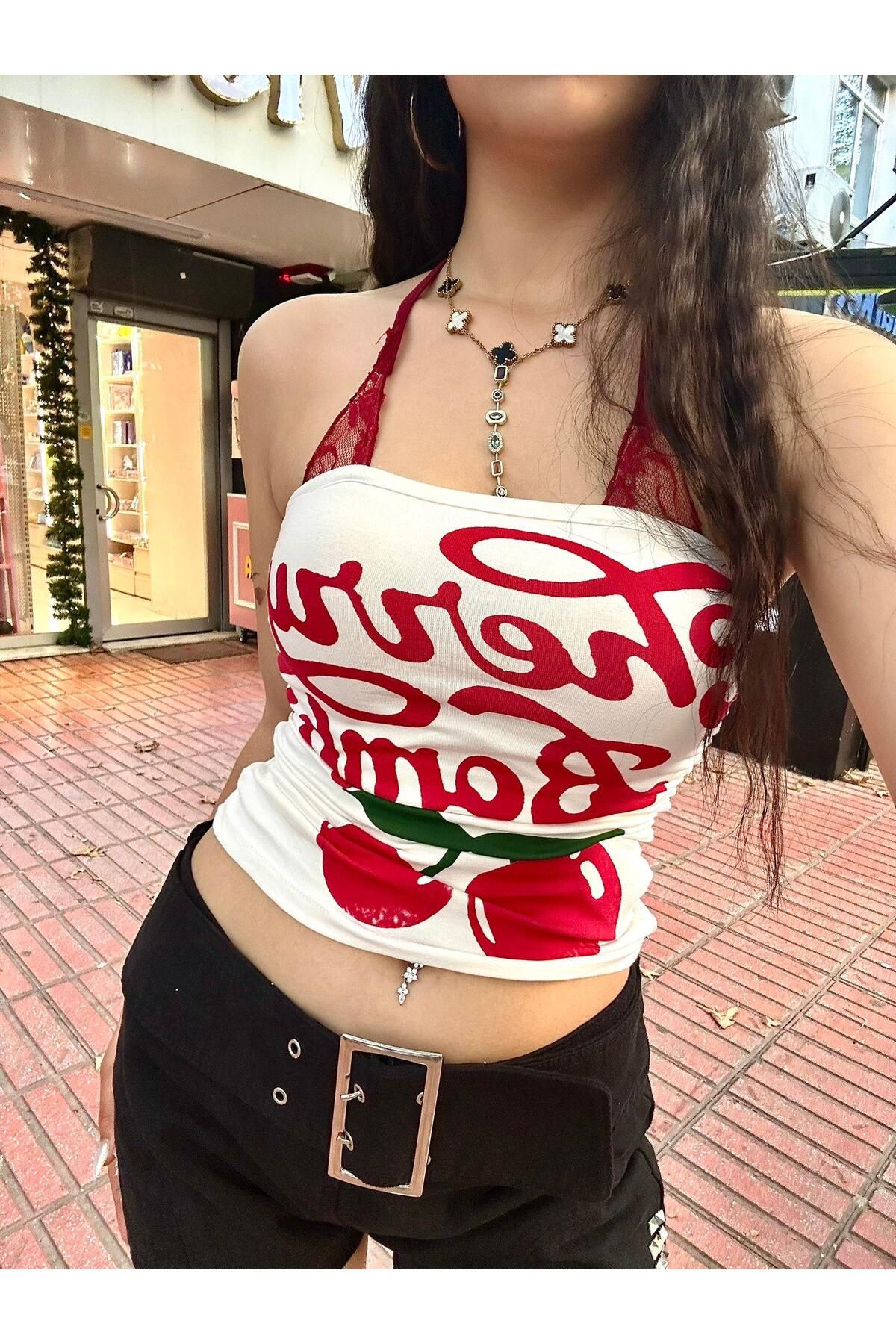 Wisevelya Beyaz Cherry Bomb Dantelli Ek Y2K Askılı Crop