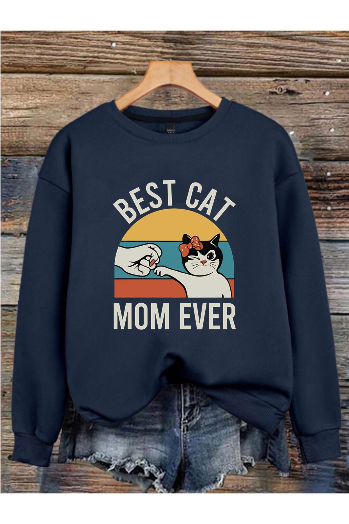 MAGORS BEST CAT MOM BASKILI 3 İPLİK BİSİKLET YAKA UZUN KOLLU KADIN SWEATSHIRT
