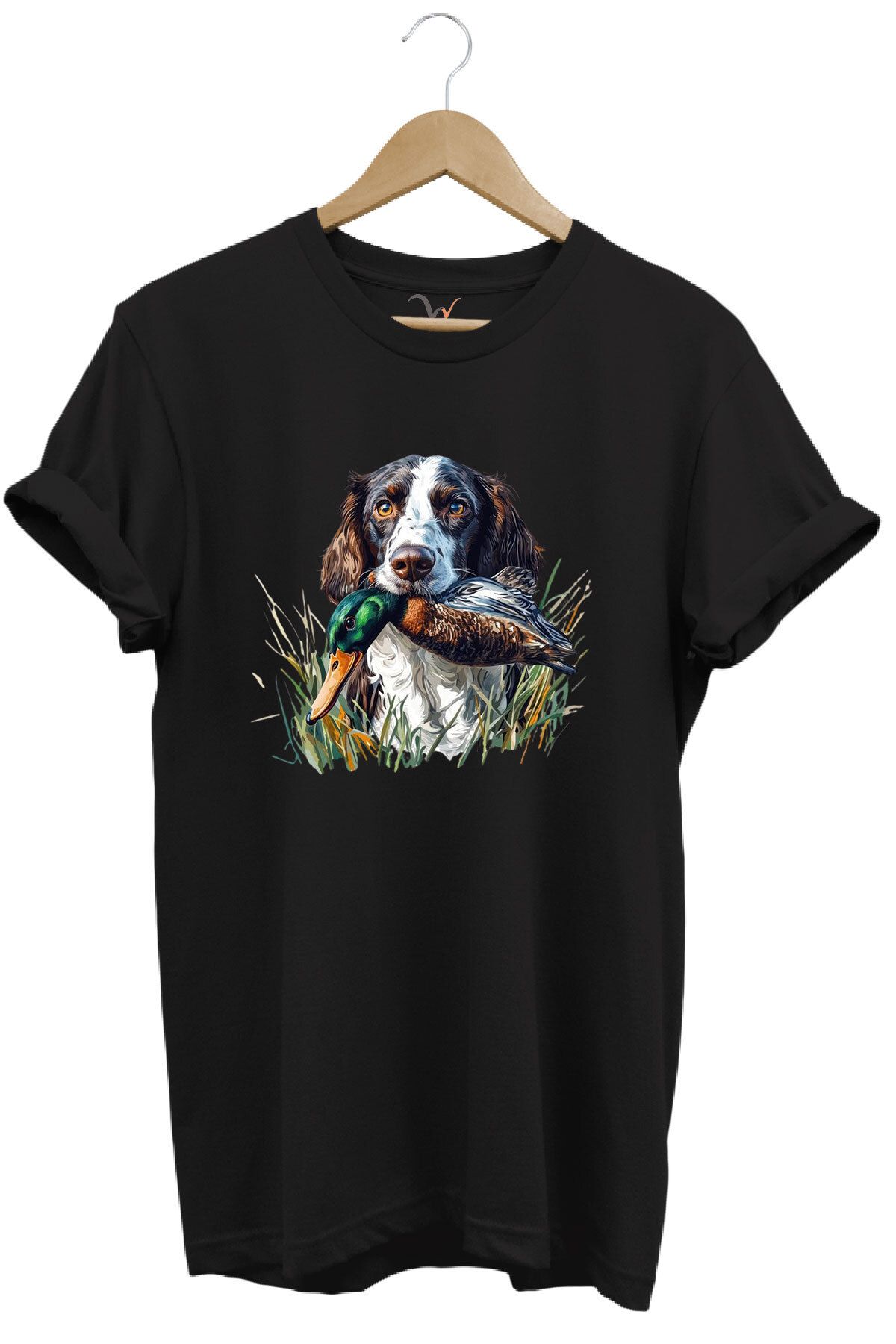 WİDİ Avcılık Av Köpeği ve Ördek Baskılı %100 Pamuk Regular Fit Bisiklet Yaka Premium T-Shirt