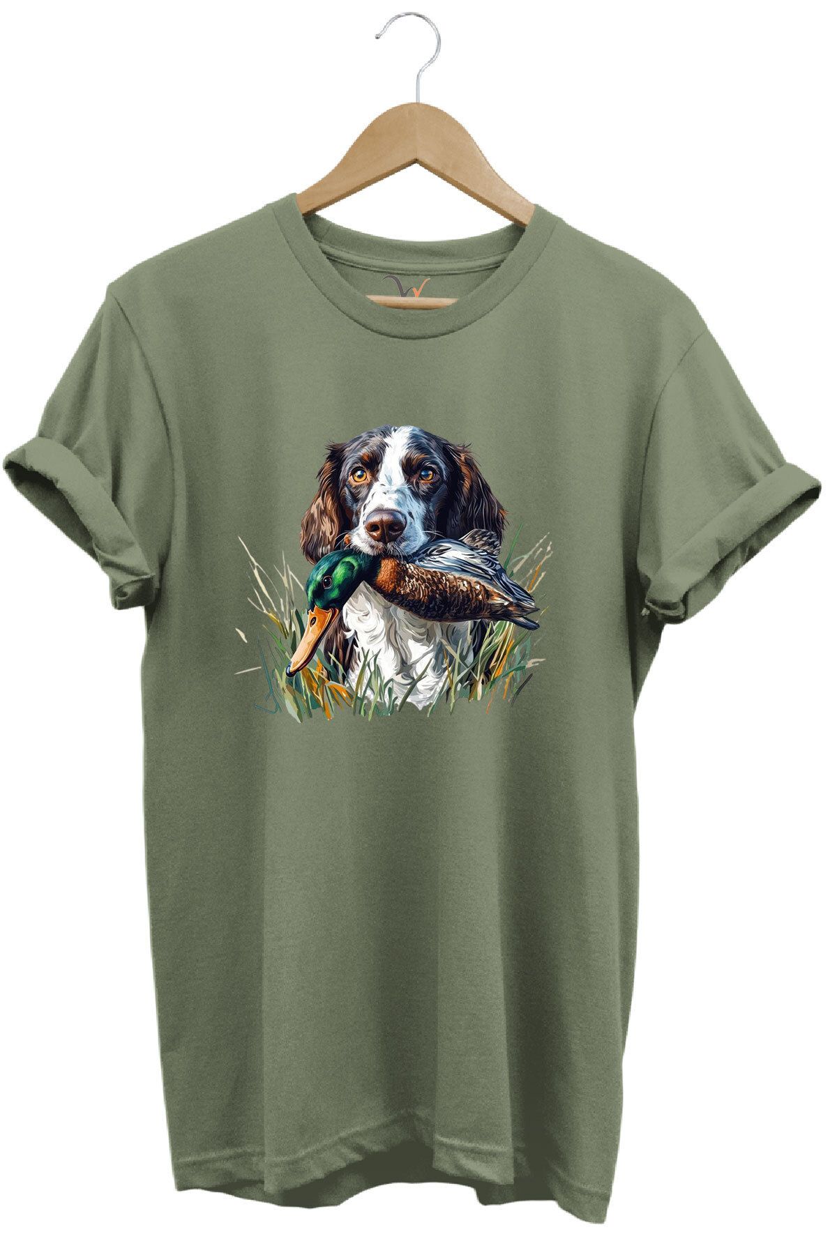 WİDİ Avcılık Av Köpeği ve Ördek Baskılı %100 Pamuk Regular Fit Bisiklet Yaka Premium T-Shirt