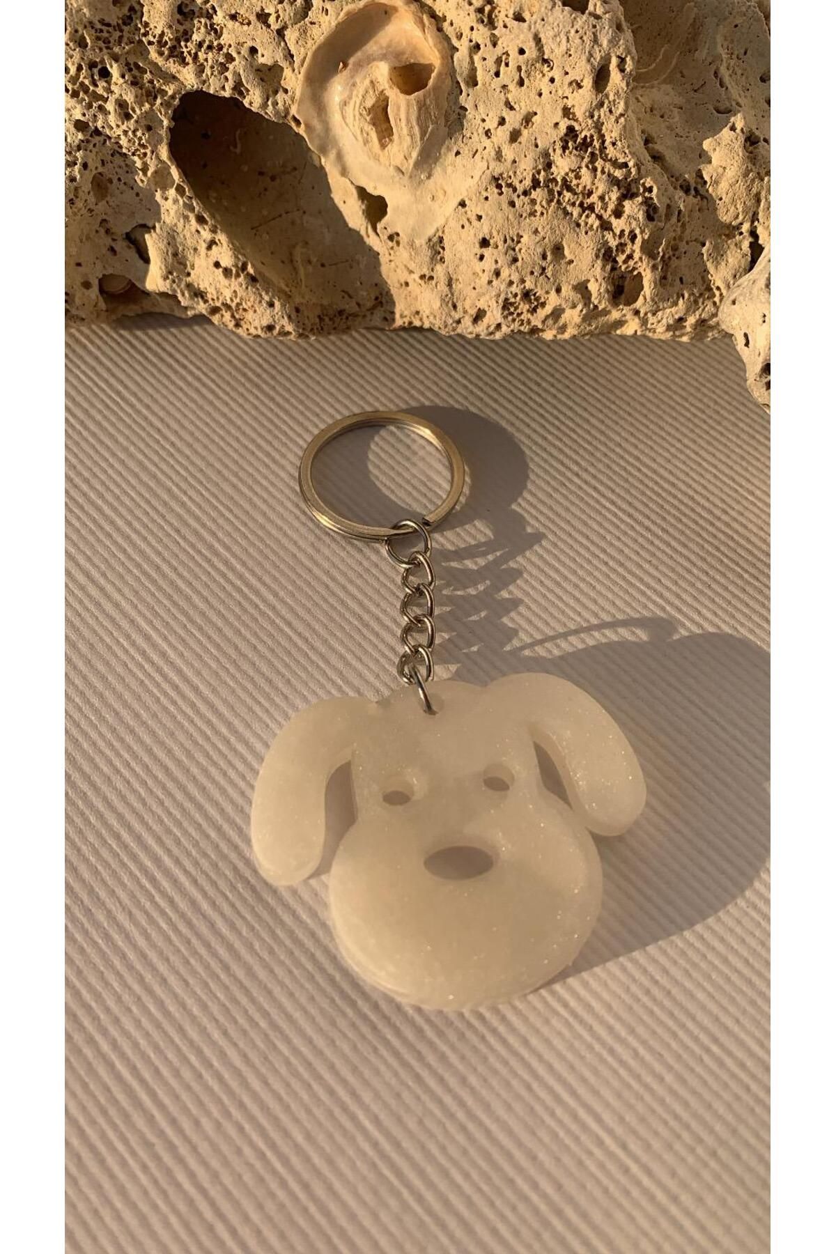 MISS GOLDEN Sedefli Beyaz Köpek Yüzü Anahtarlık Handmade El Yapımı Epoksi Hediyelik
