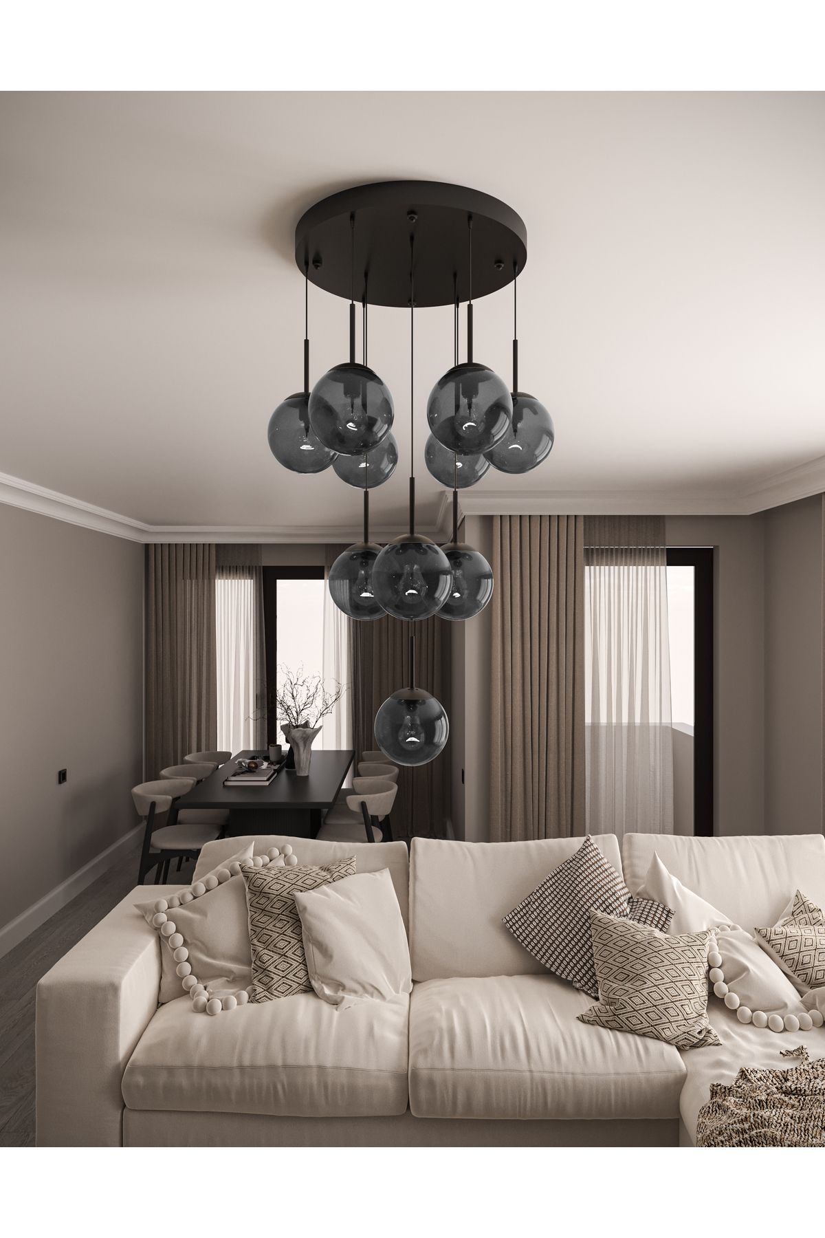 avizade ECLIPSE Modern 10'lu Sarkıt Metal Avize - Renkli Cam Küre, E27 Duy, Dekoratif Aydınlatma