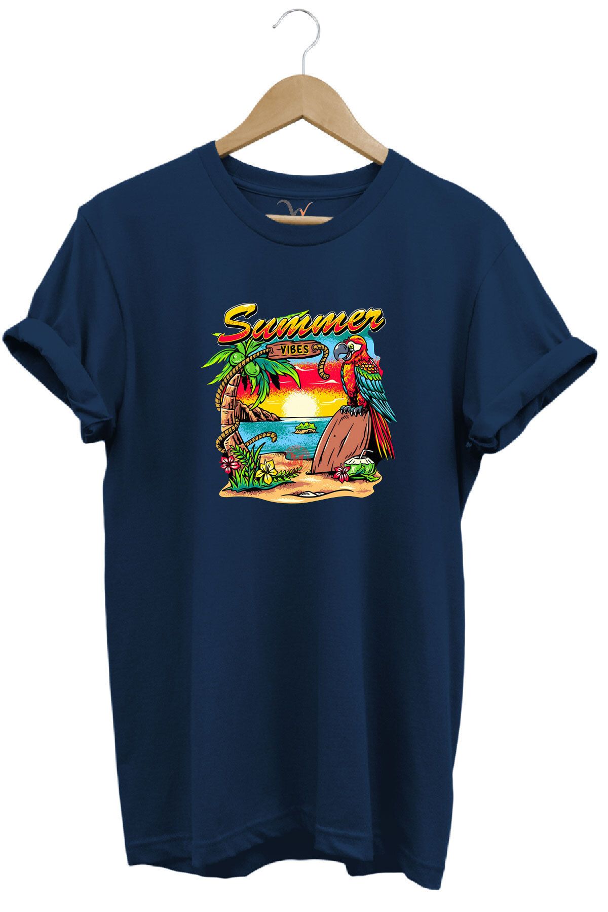WİDİ Renkli Summer Vibes Tasarım Baskılı ve Papağan %100 Pamuk Regular Fit Premium T-shirt