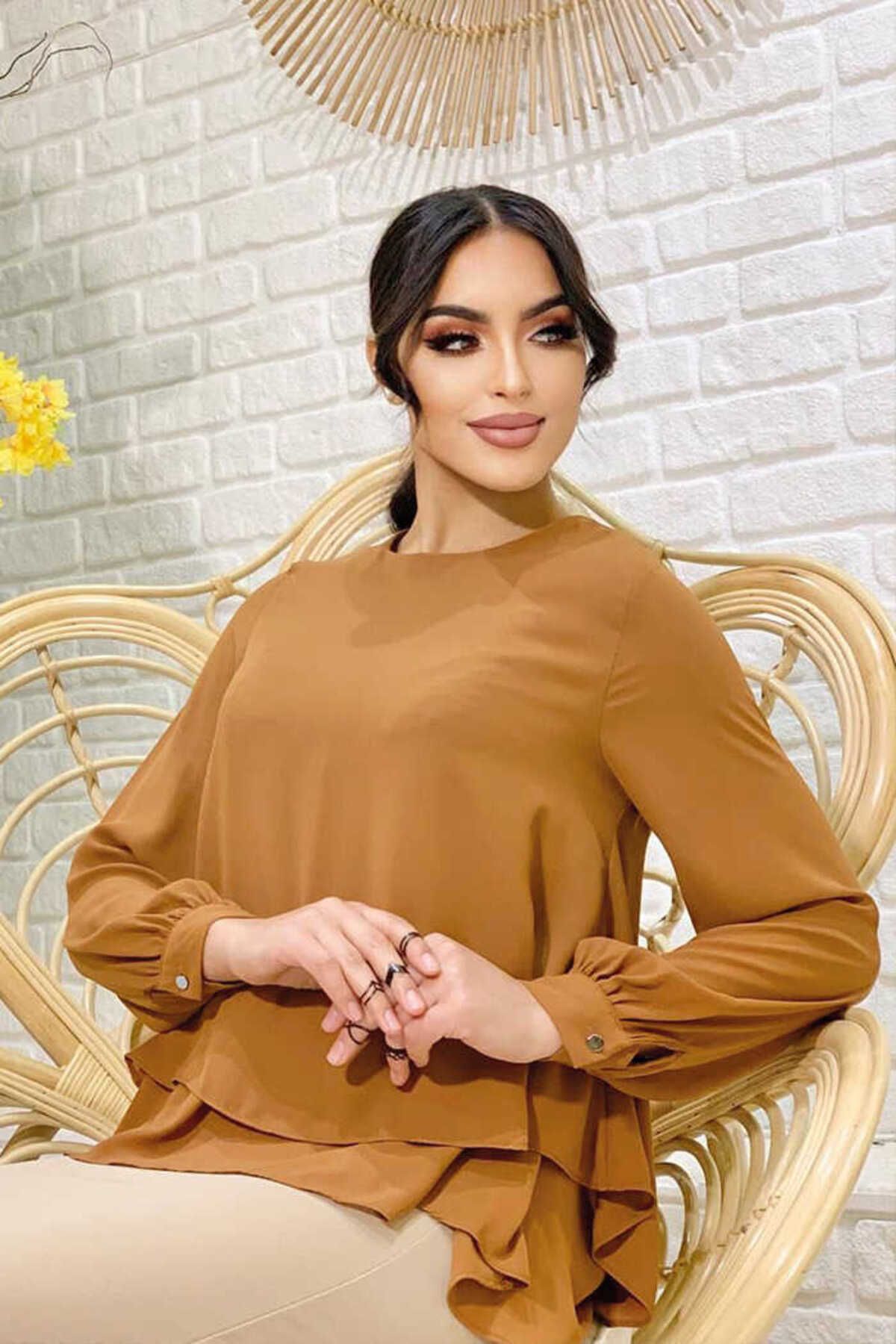 BYM Kat Kat Kol Manşetli Şifon Bluz 5148 Taba