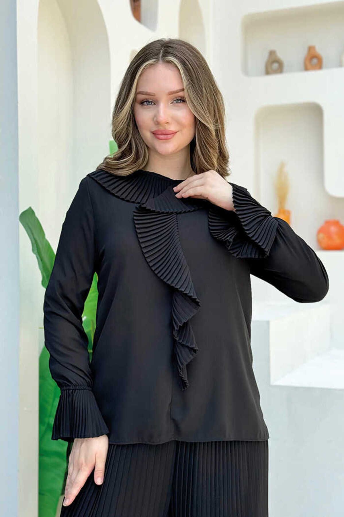 BYM Fırfır Pilise Detaylı Kısa Bluz 5293 Siyah
