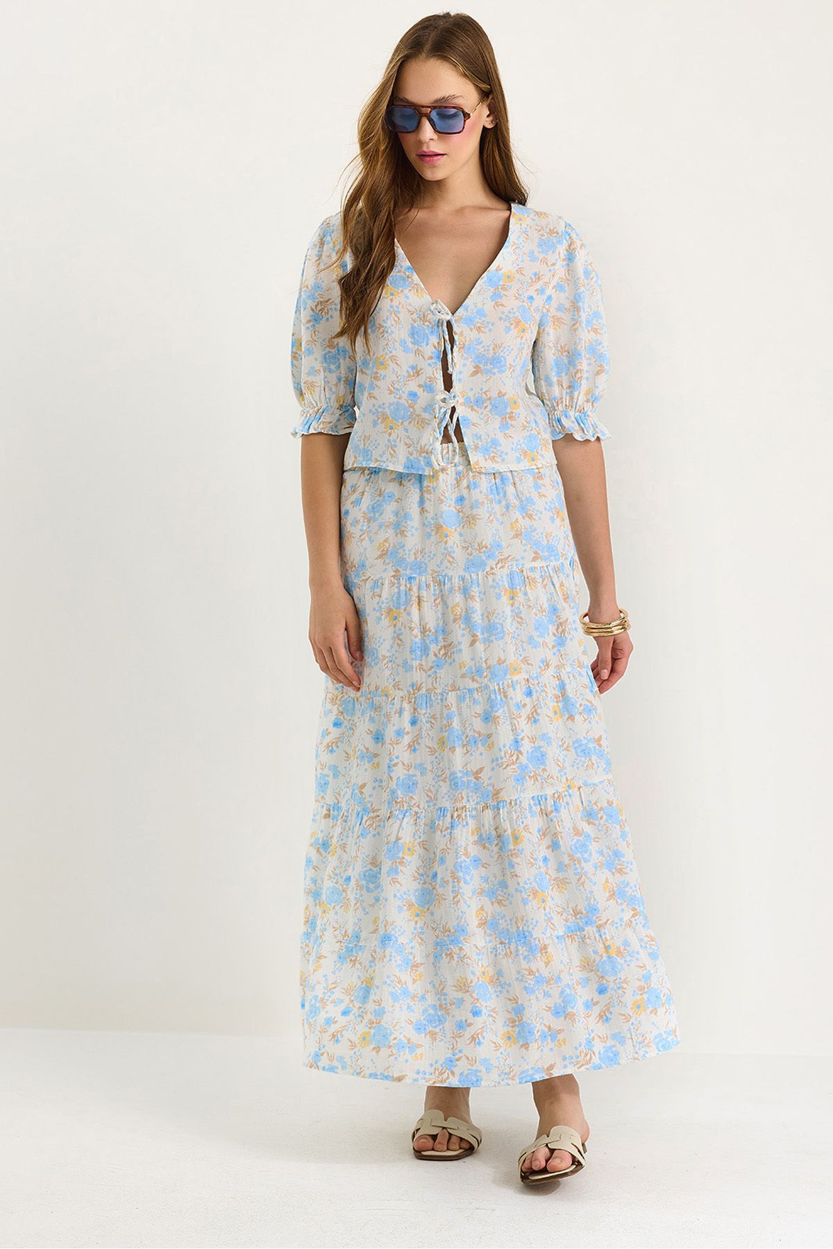 Bianco Lucci-Women's Floral Patterned Tie Detailed Blouse Skirt Lined Muslin Top-Top Set 1029 60283406 4