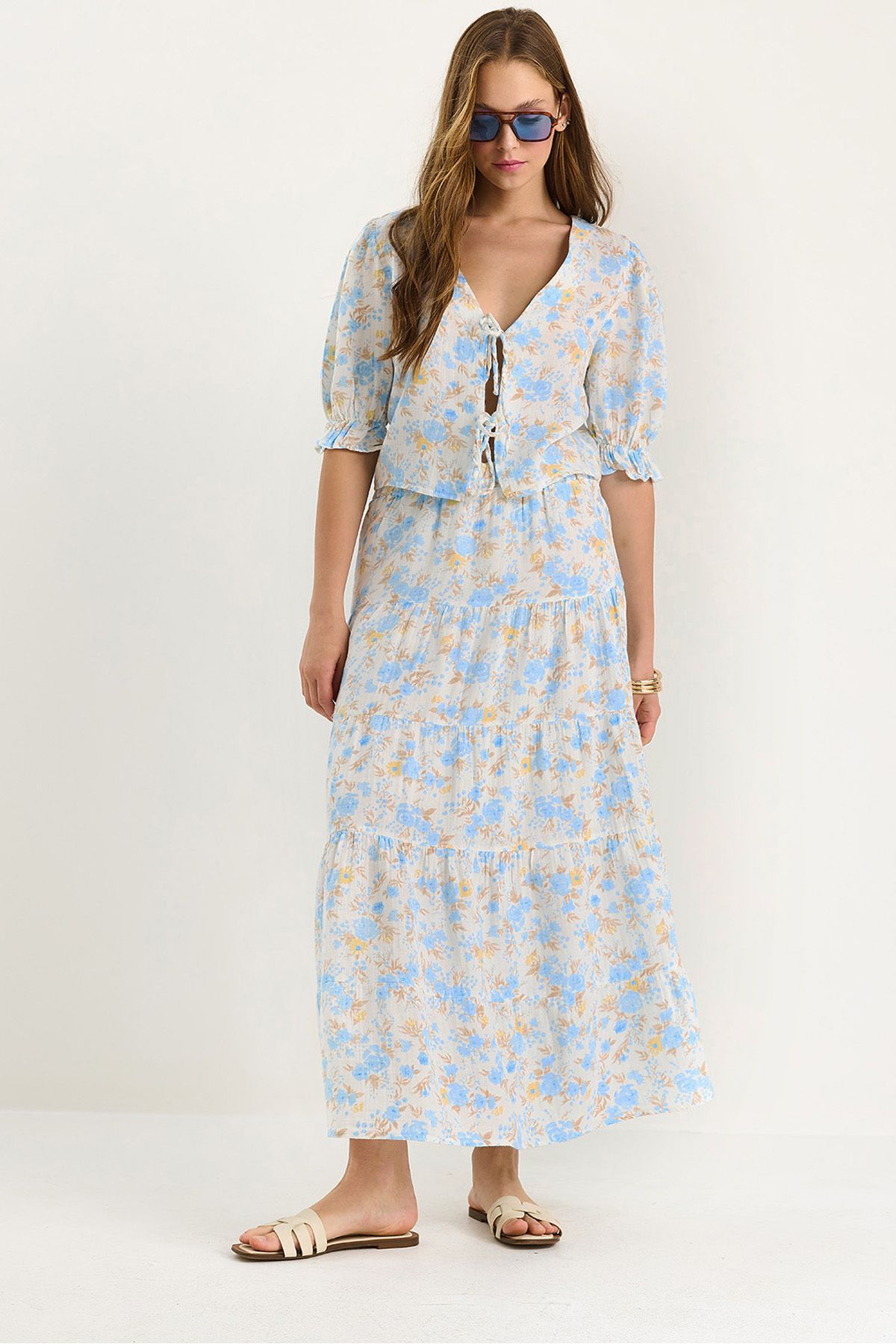 Bianco Lucci-Women's Floral Patterned Tie Detailed Blouse Skirt Lined Muslin Top-Top Set 1029 60283406 5