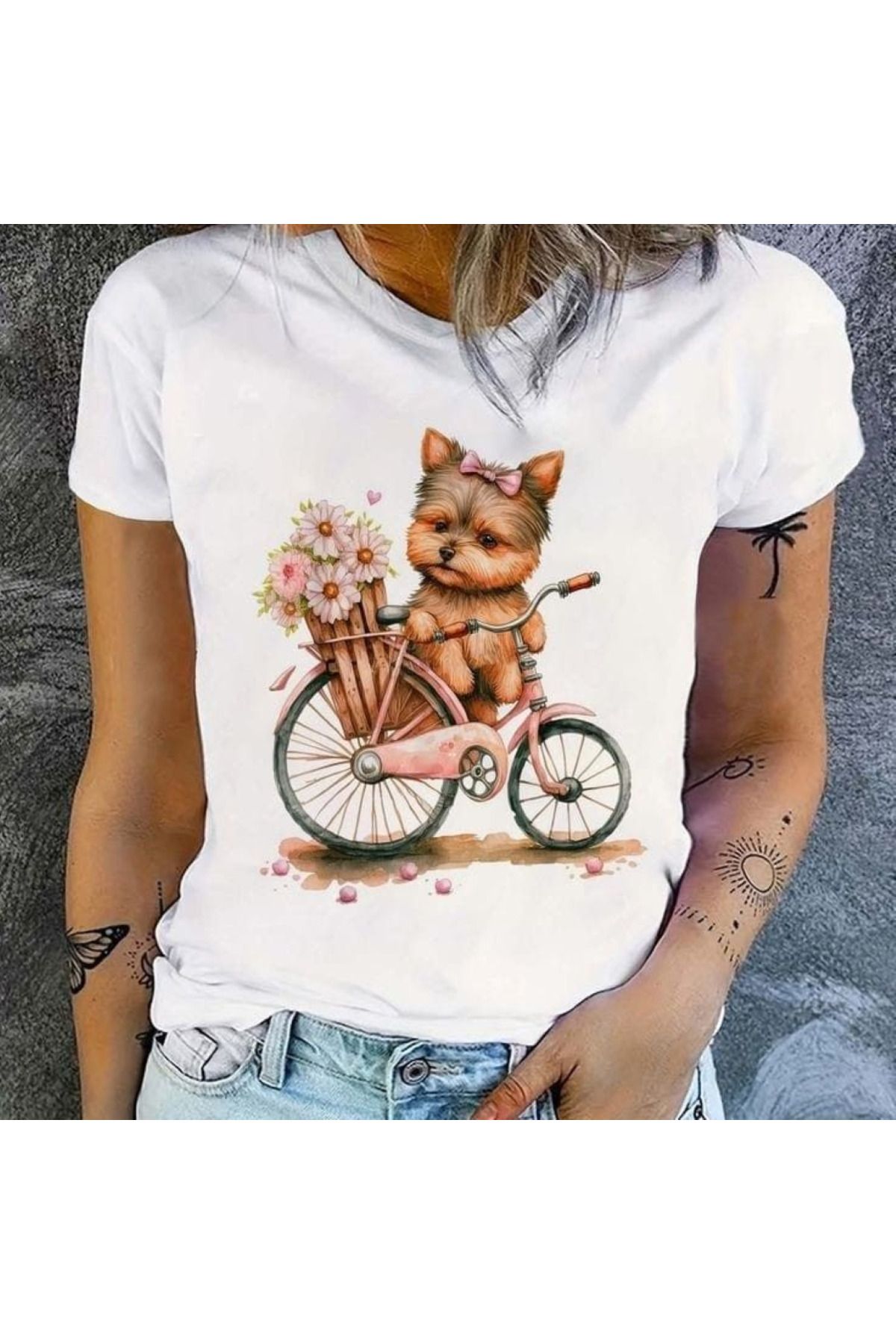aynewmoda Unisex Büyük Boy Yuvarlak Yaka Köpek Baskılı Tişört