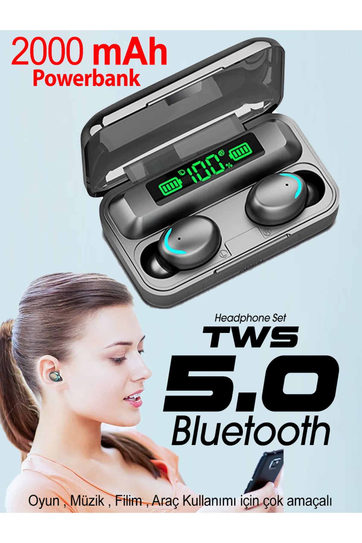 DigiMonster TWS Kablosuz Bluetooth Kulaklık 5.0 Dokunmatik Çok Amaçlı Kullanışlı ve Powerbanklı Araç Spor Müzik