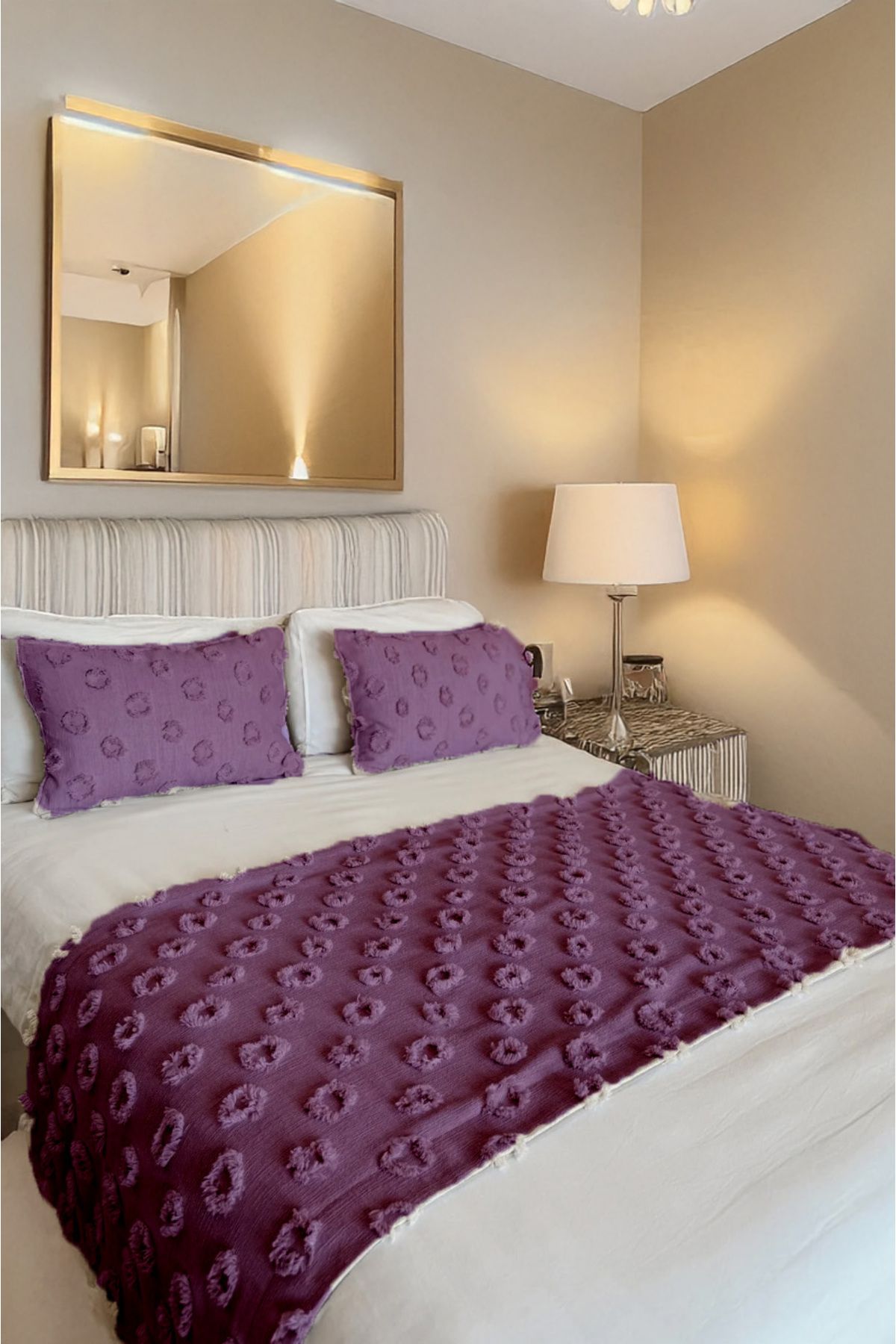 EVYA Yatak Runner ve Yastık Kılıfı Seti 70x260 cm 2li 50x70 cm Çift Kişilik Şönil Ponponlu Yatak Şalı