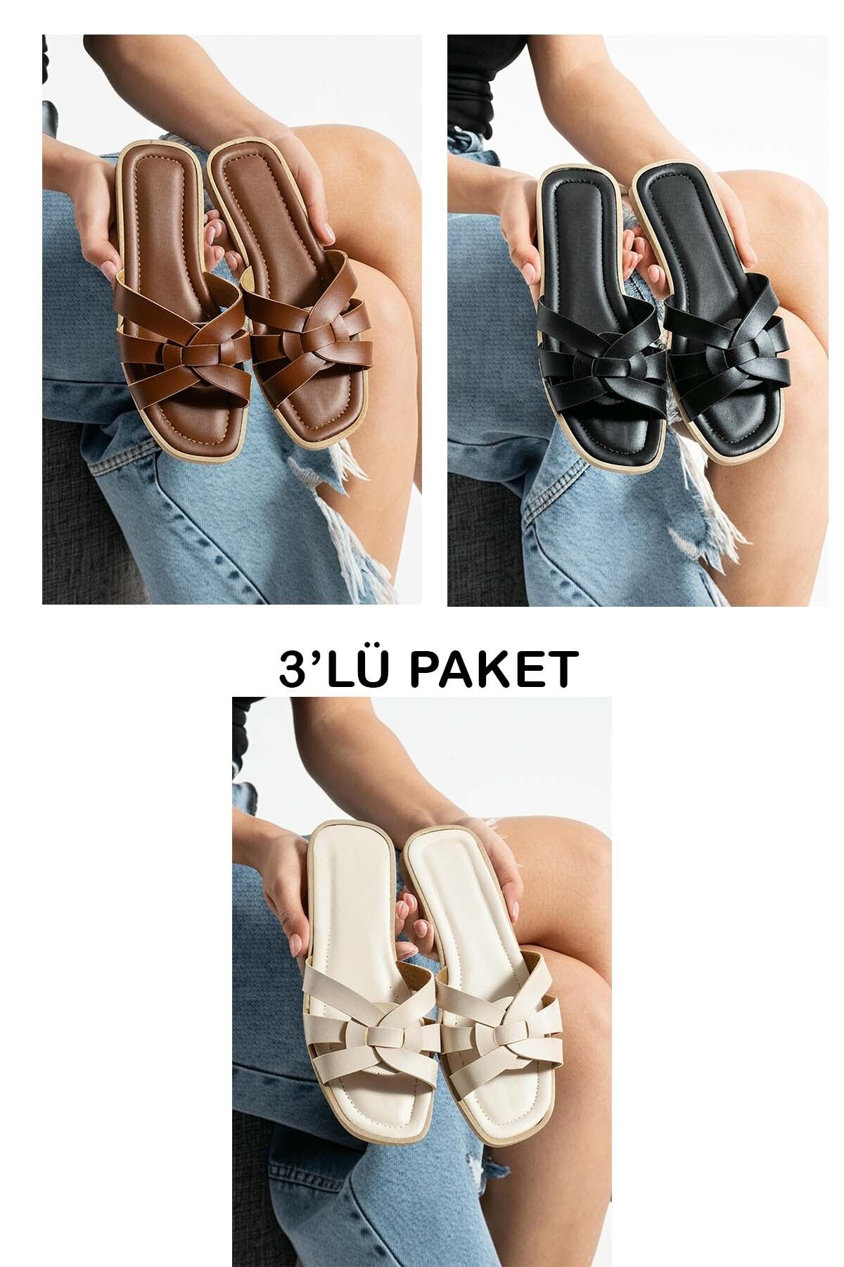 ICELAKE Heleny Kadın Ultra Yumuşak Soft Taban İnce Topuk Ortopedik İçi Pedli Günlük Terlik 3'Lü Set