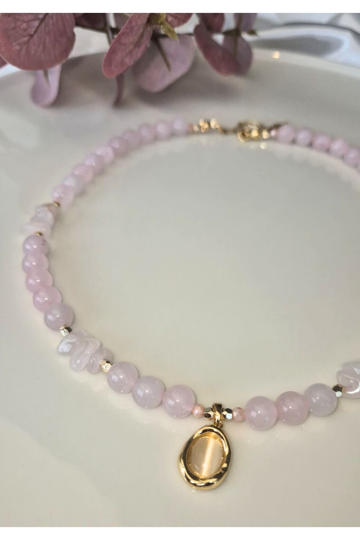 Due PerleS Jewellery Roselle Pembe Kuvars Doğal Taş Kolye