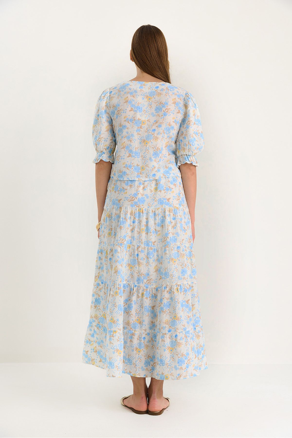 Bianco Lucci-Women's Floral Patterned Tie Detailed Blouse Skirt Lined Muslin Top-Top Set 1029 60283406 7