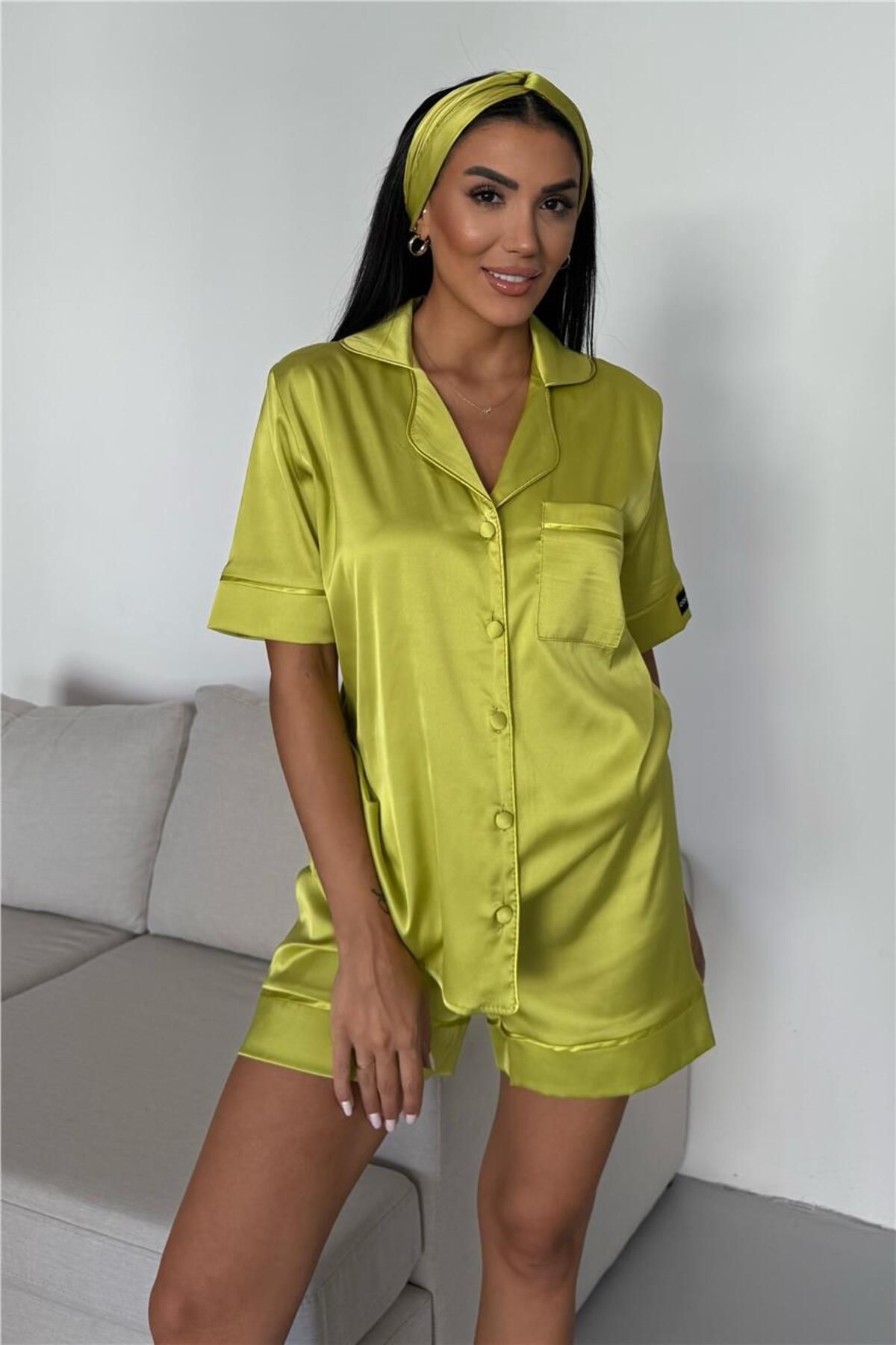 COCCOLARSI Nobiltà Della Notte Yağ Yeşili Saten Kısa Pijama Takımı