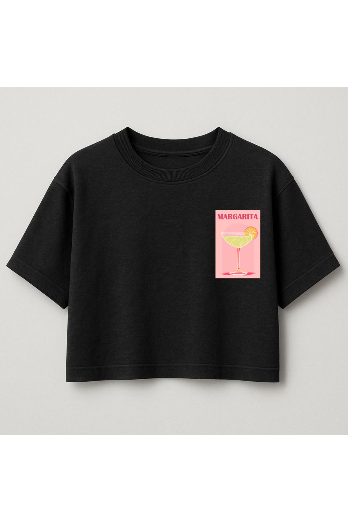 Minou Wear Margarita Baskılı Özel Tasarım Kadın Siyah Oversize Crop Tshirt