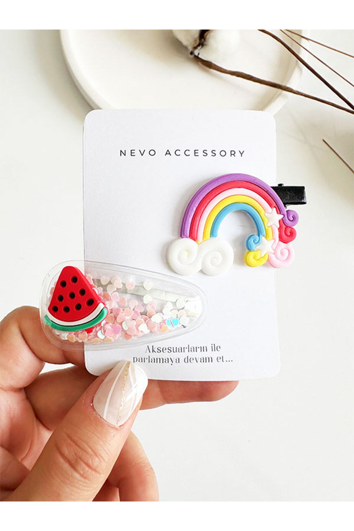 NevoAccessory Çocuk Gökkuşağı ve Karpuz Desenli 2'li Klipsli Toka Set