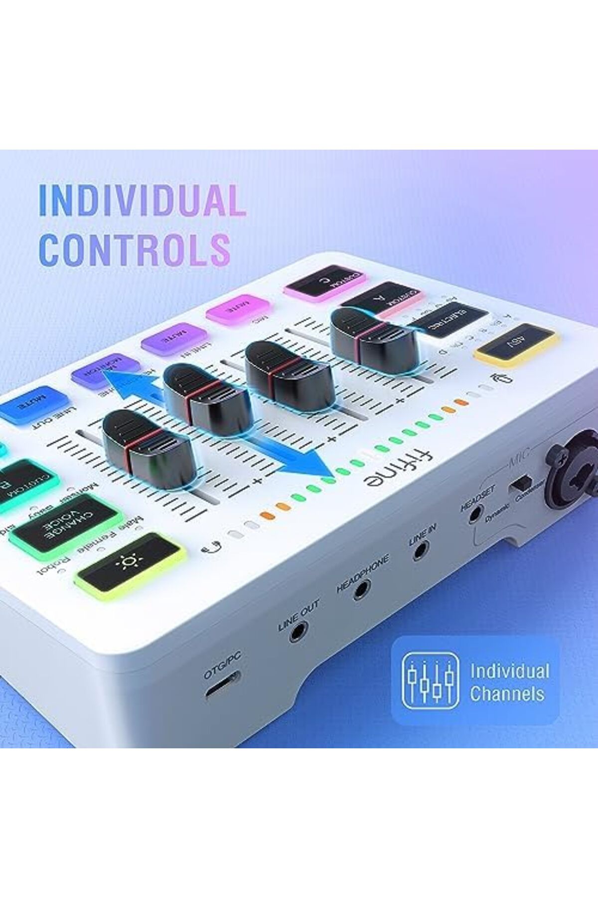 Fifine-Audio Mixer, Gaming Streaming PC Mixer with Slider Fader, XLR Microphone Interface, Monitorin 6